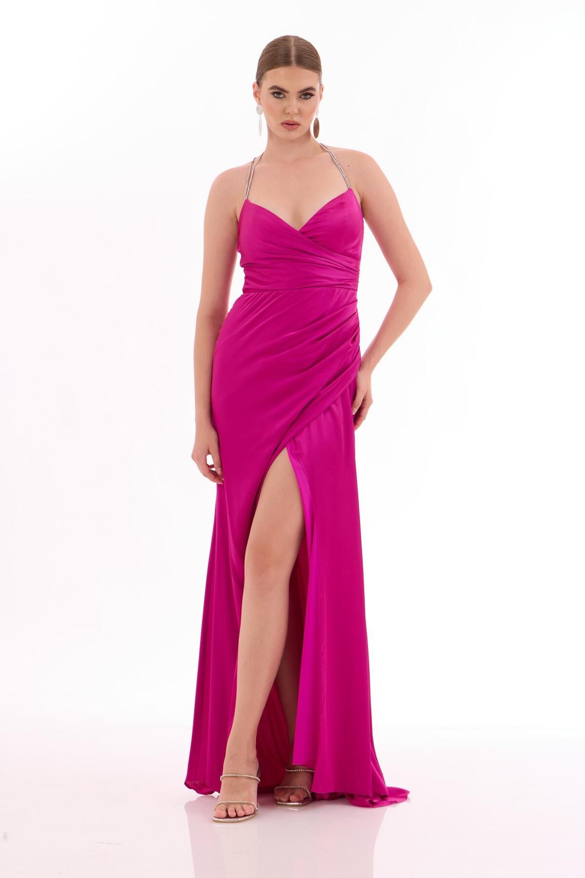 Carmen-Fuchsia Stone Strap Satin Evening Dress 4