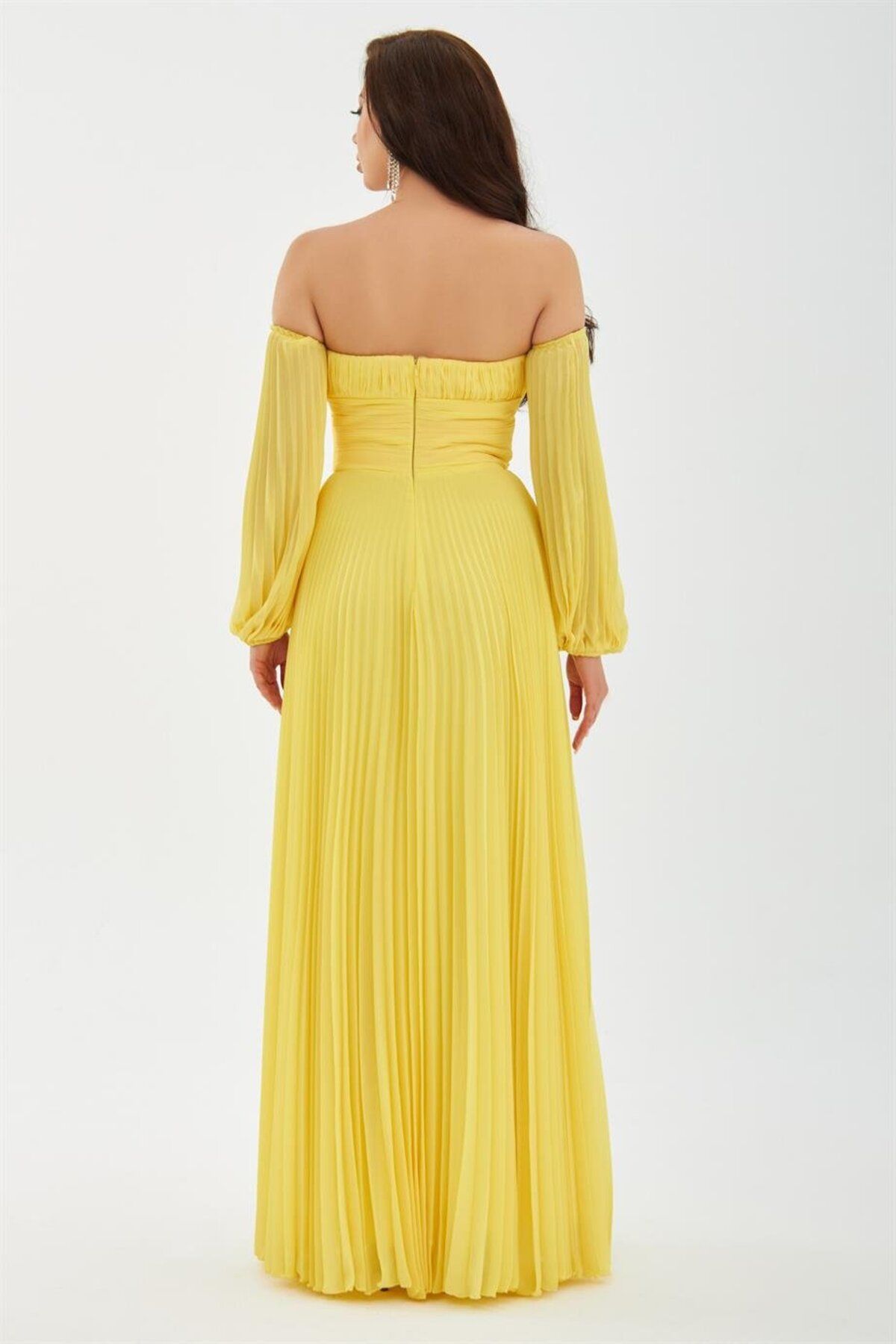 Carmen-Yellow Chiffon Belt Detailed Long Evening Dress 5