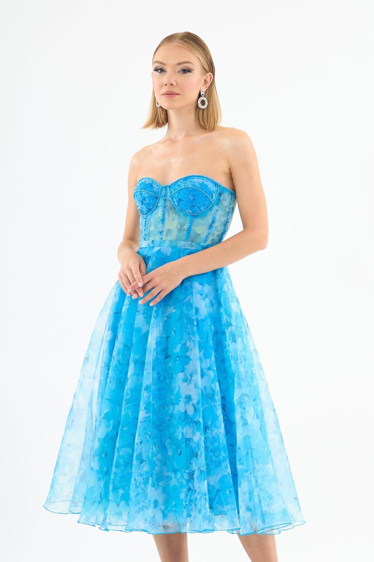 Carmen-Rochie de seara midi albastra fara bretele imprimata 2