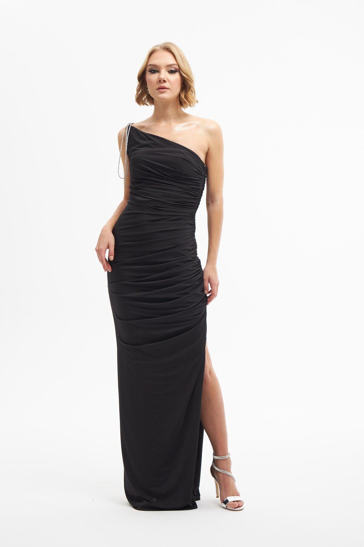 Carmen-Black Sandy Single Sleeve Long Evening Dress 1