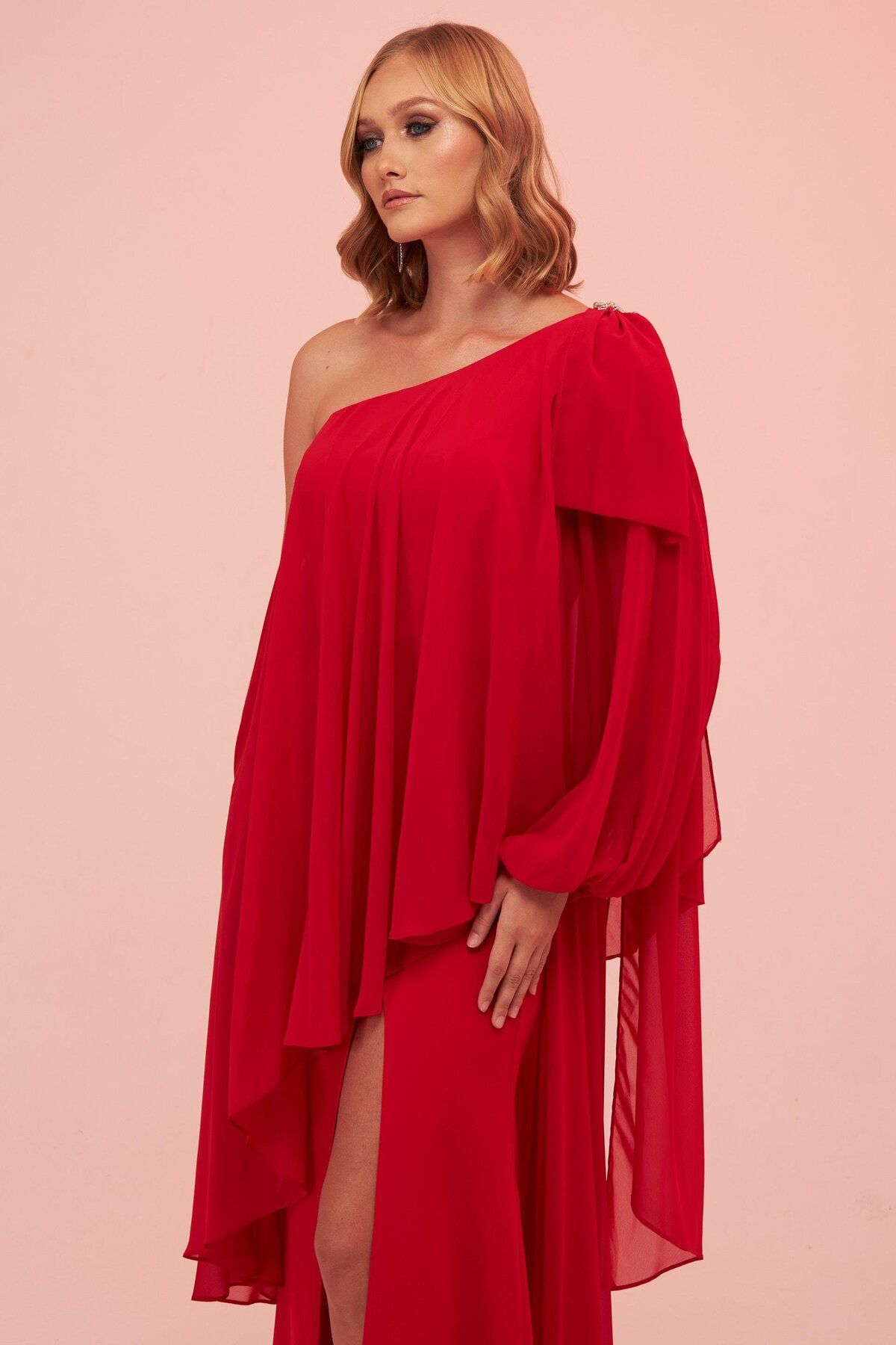 Carmen-Red One Sleeve Slit Plus Size Chiffon Evening Dress 2