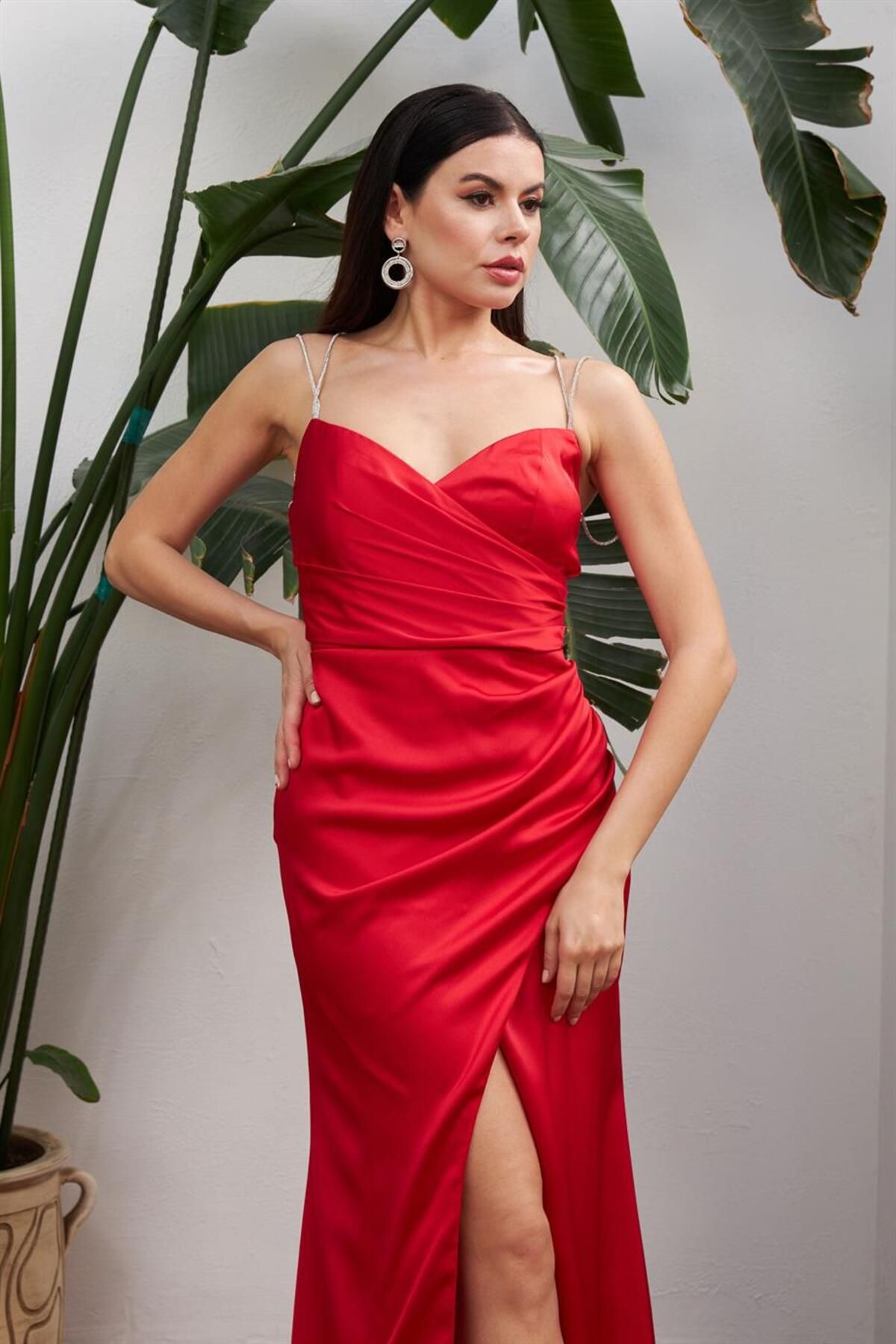 Carmen-Red Satin Stone Strap Long Evening Dress 3