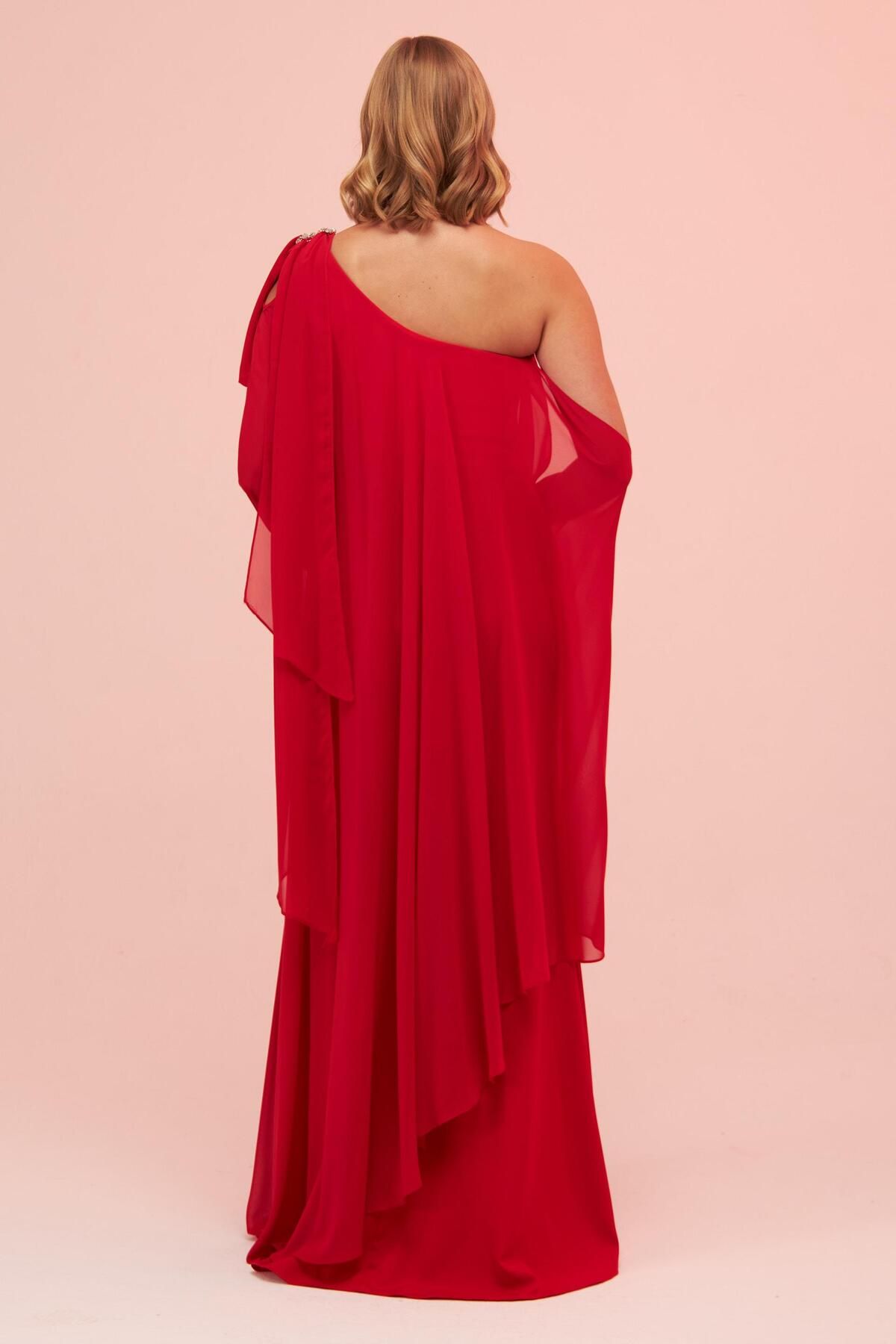 Carmen-Red One Sleeve Slit Plus Size Chiffon Evening Dress 5