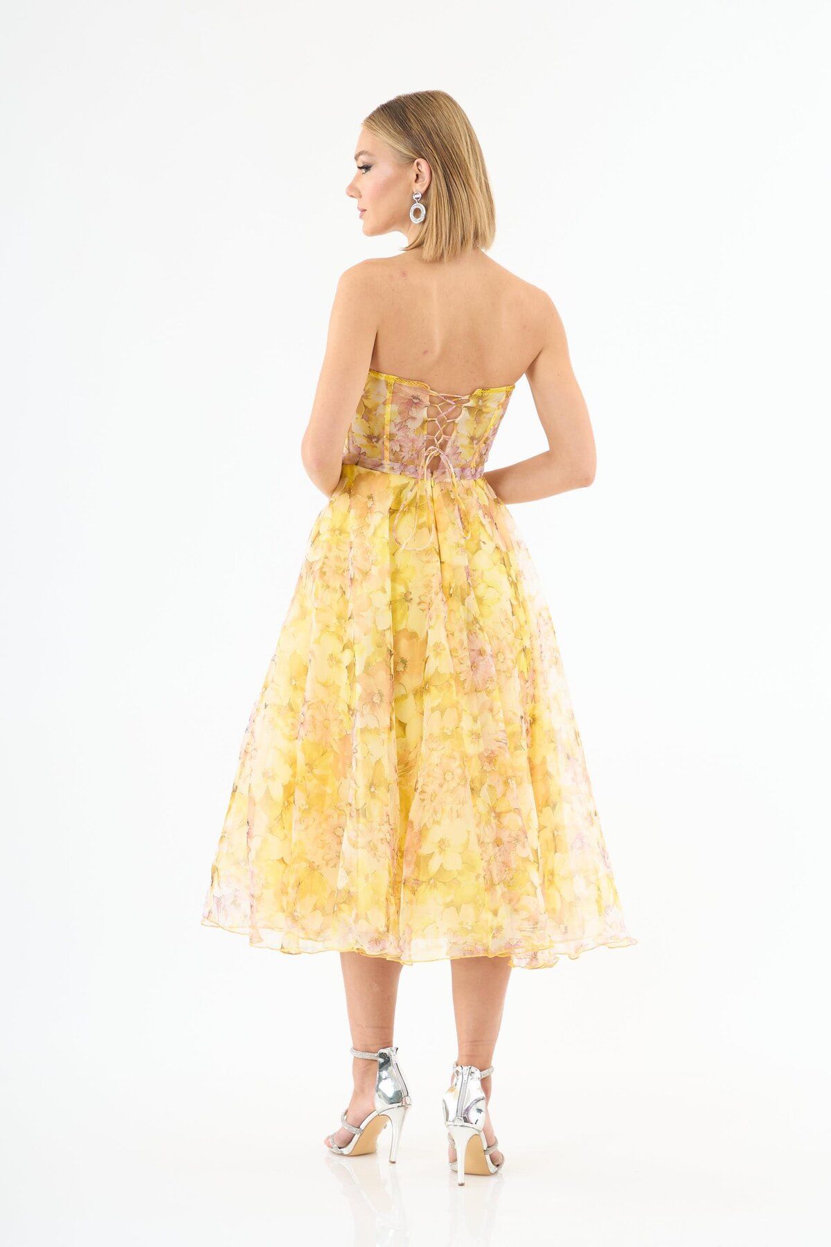 Carmen-Printed Yellow Strapless Midi Evening Dress 5