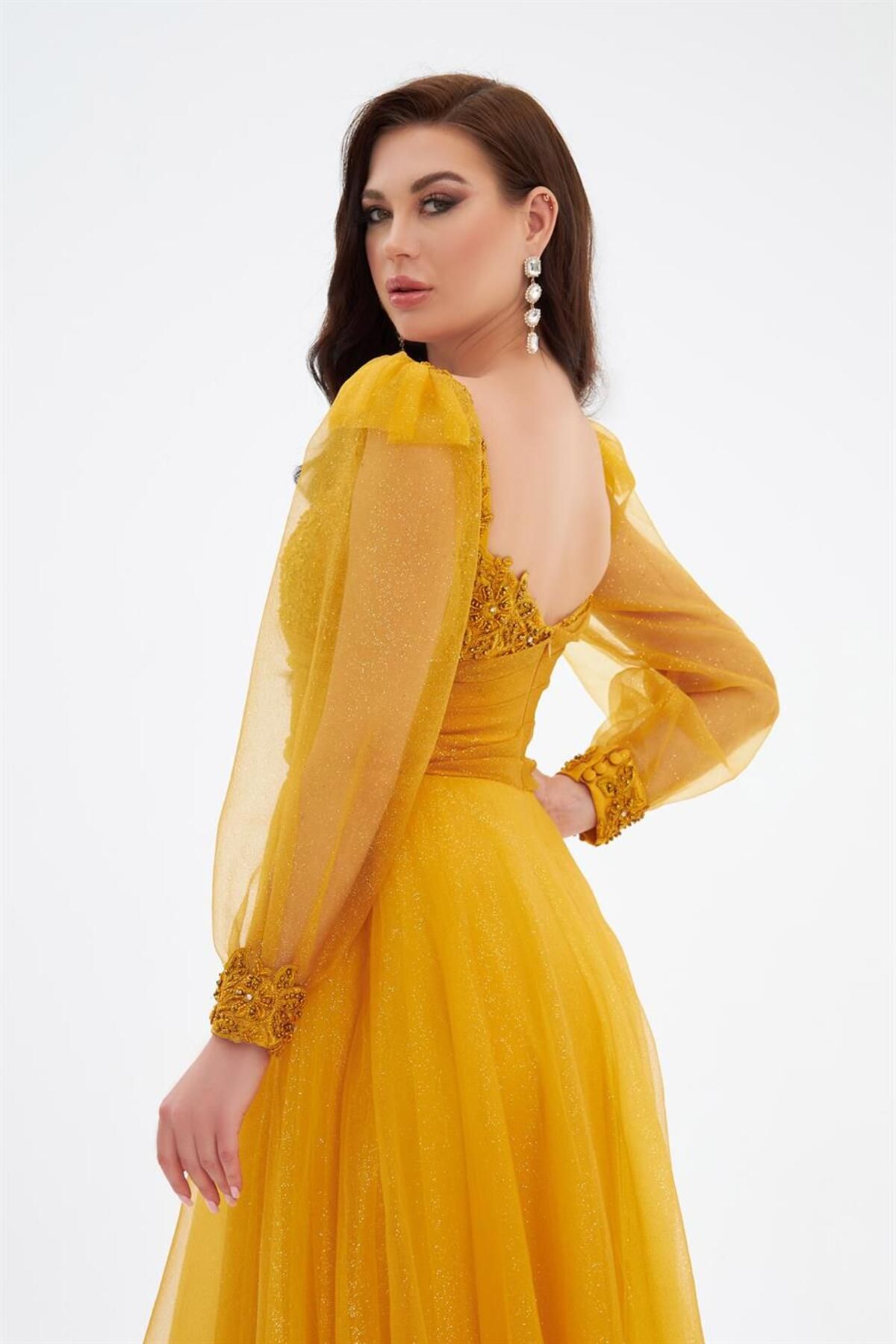 Carmen-Yellow Glitter Tulle Front Embroidered Long Sleeve Engagement Dress 3