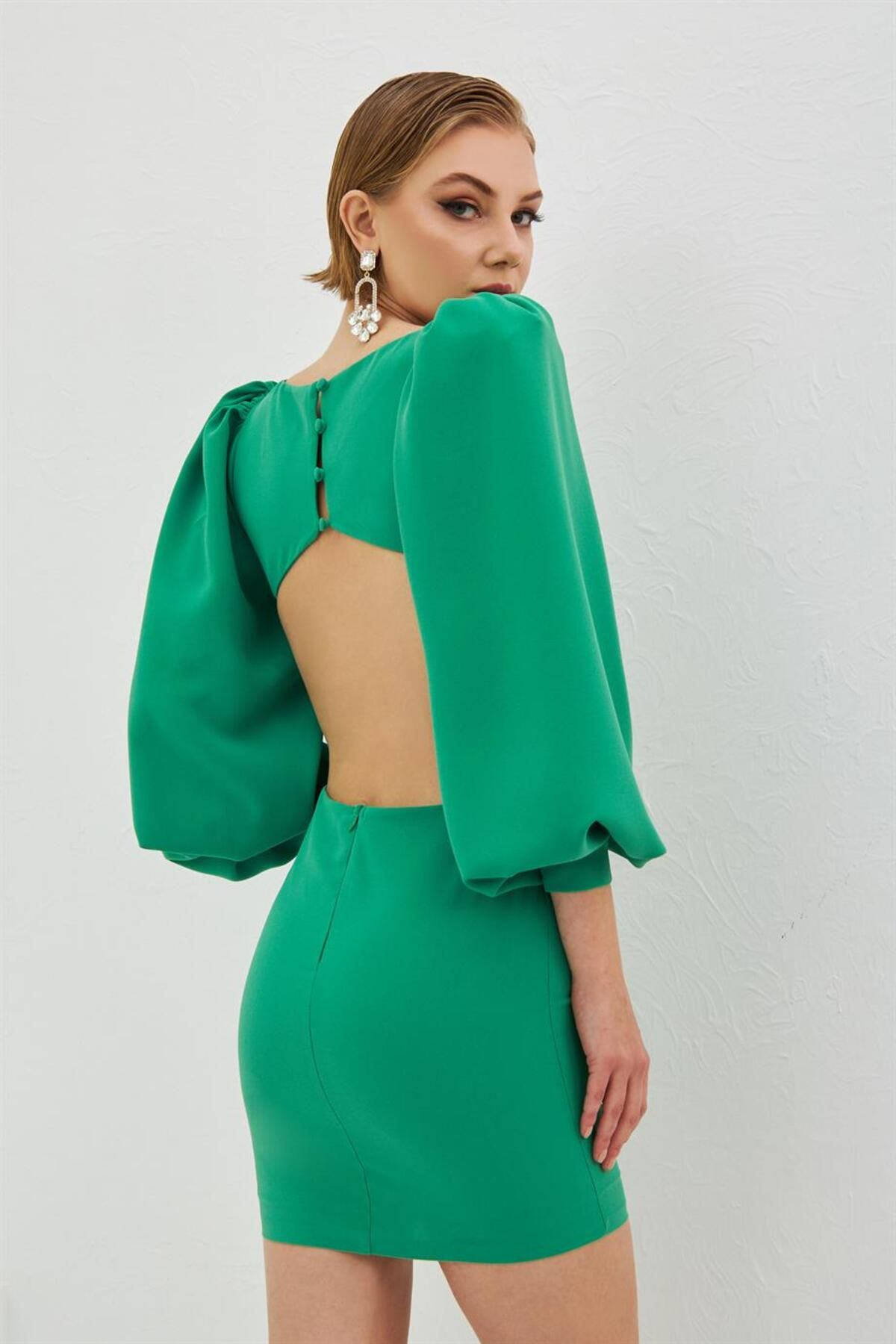 Carmen-Green Crepe Jewelled Balloon Sleeve Short Evening Dress 4