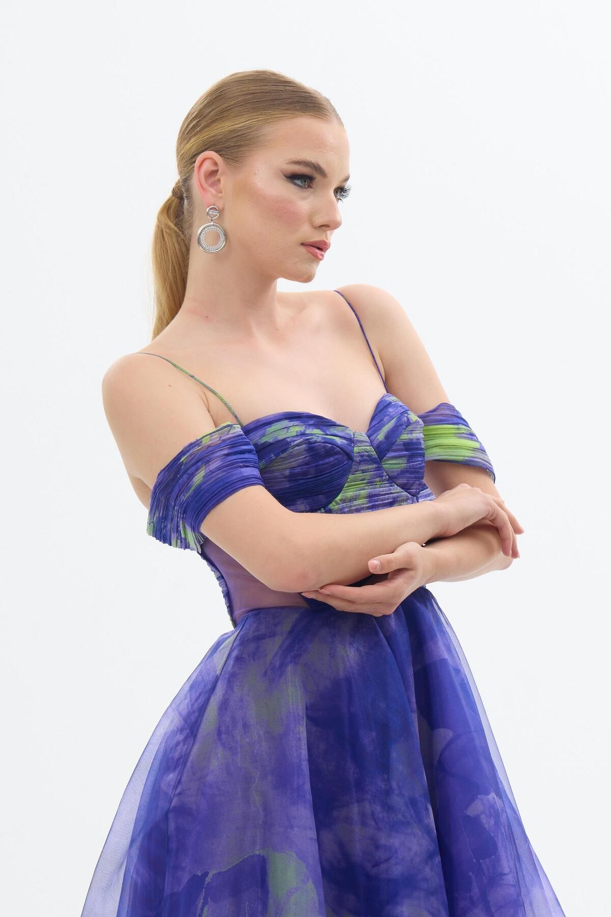 Carmen-Purple Organza Printed Strappy Evening Dress 3