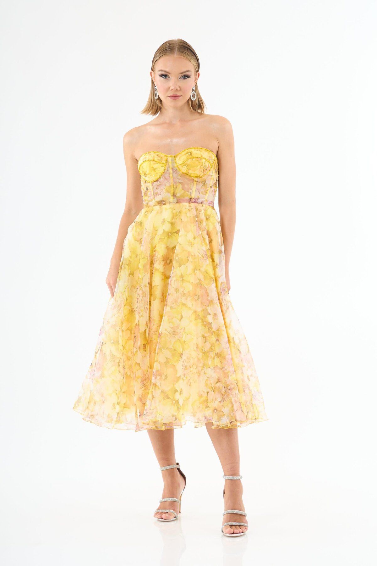 Carmen-Printed Yellow Strapless Midi Evening Dress 3