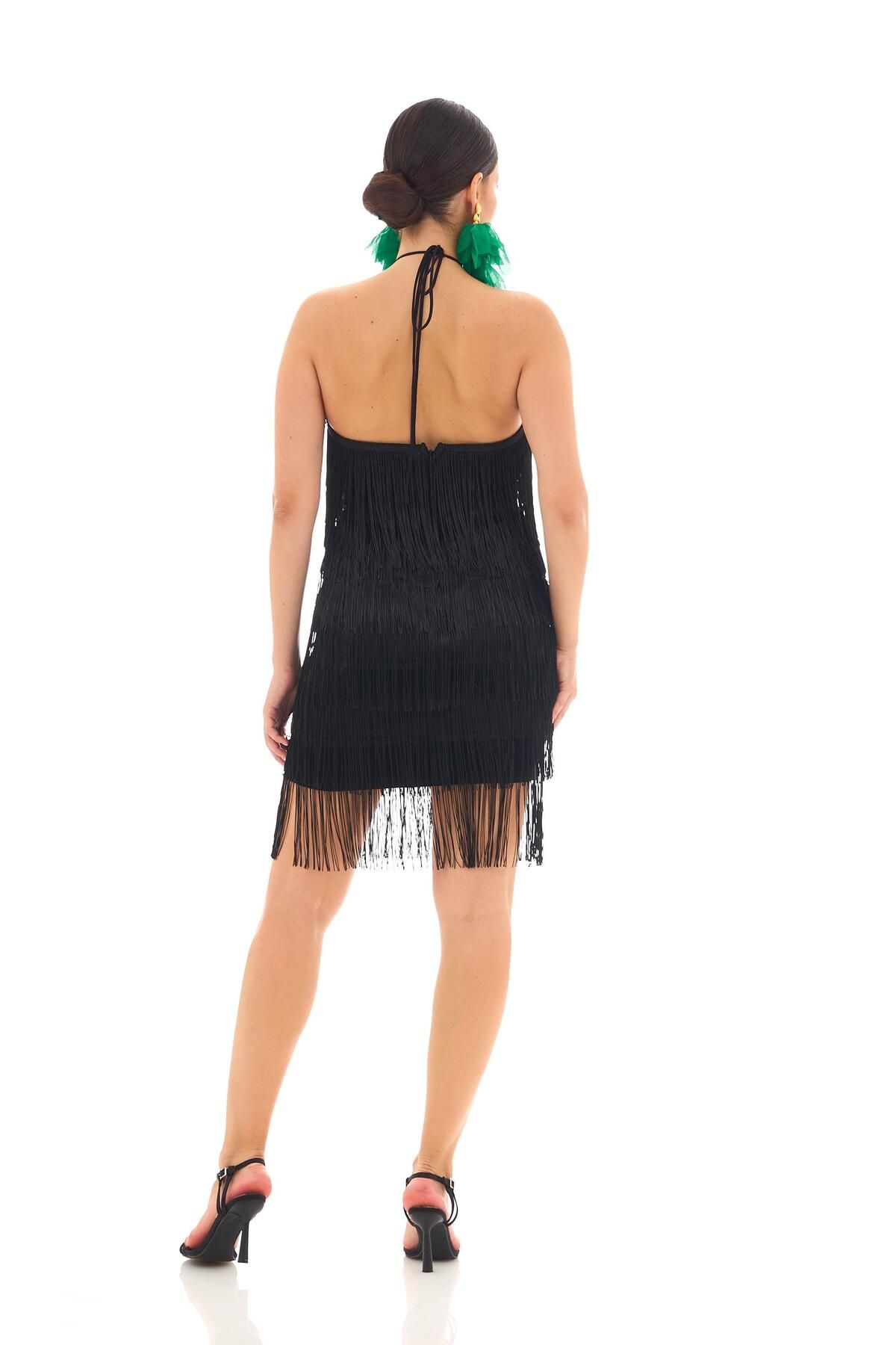 Carmen-Schwarze Neckholder-Halskette mit Quasten, Henna und After-Party-Kleid 6