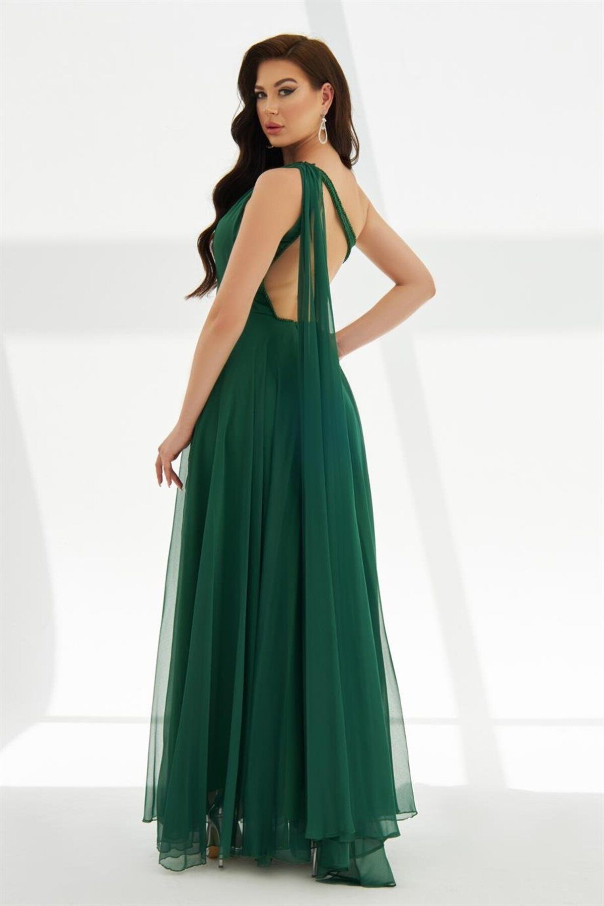 Carmen-Emerald Chiffon Cape and Backless Long Evening Dress 4