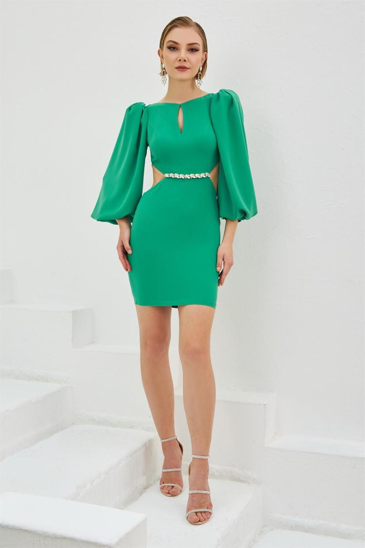 Carmen-Green Crepe Jewelled Balloon Sleeve Short Evening Dress 1
