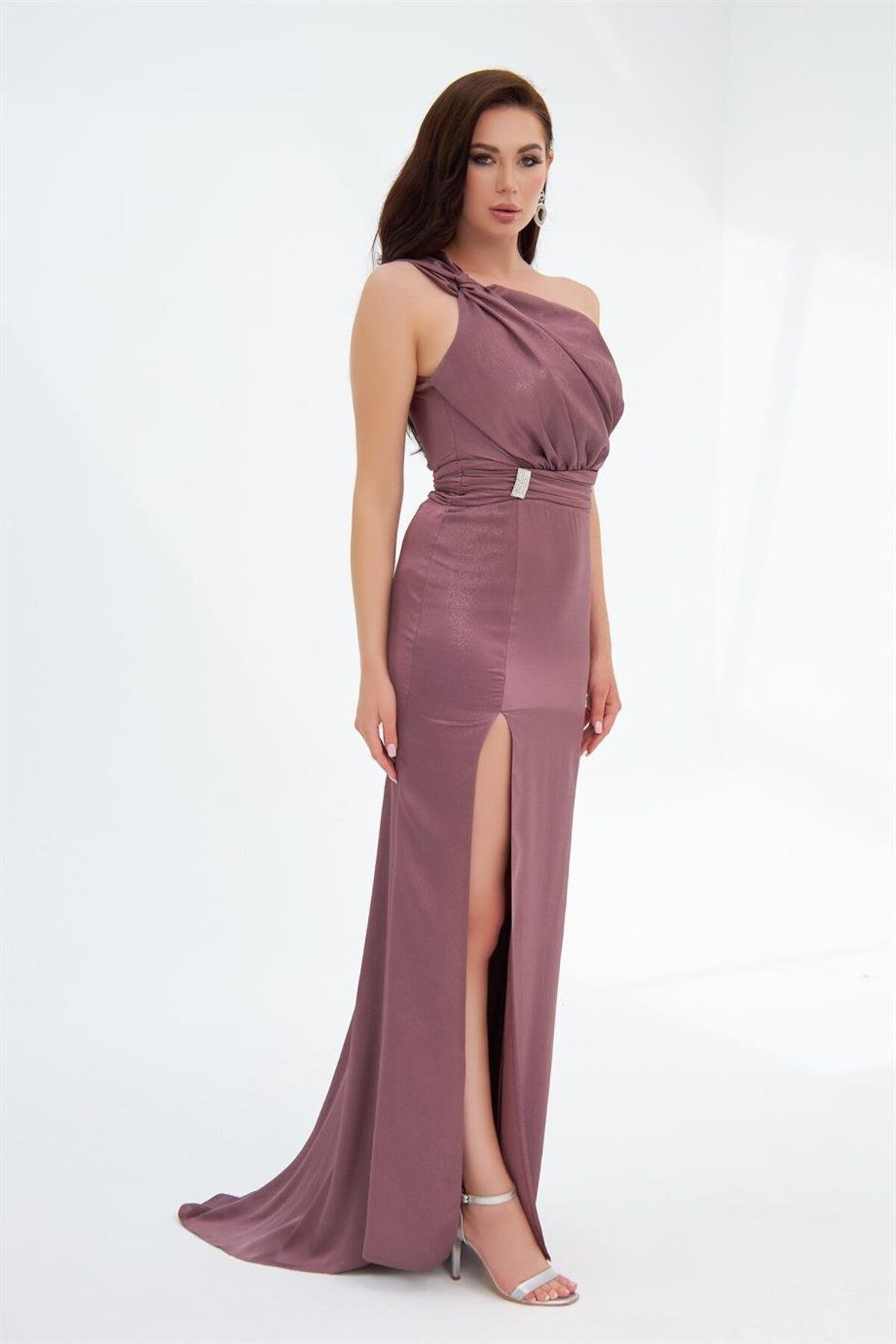 Carmen-Lavendelfarbenes, einärmliges, geschlitztes Abendkleid mit Folie 3