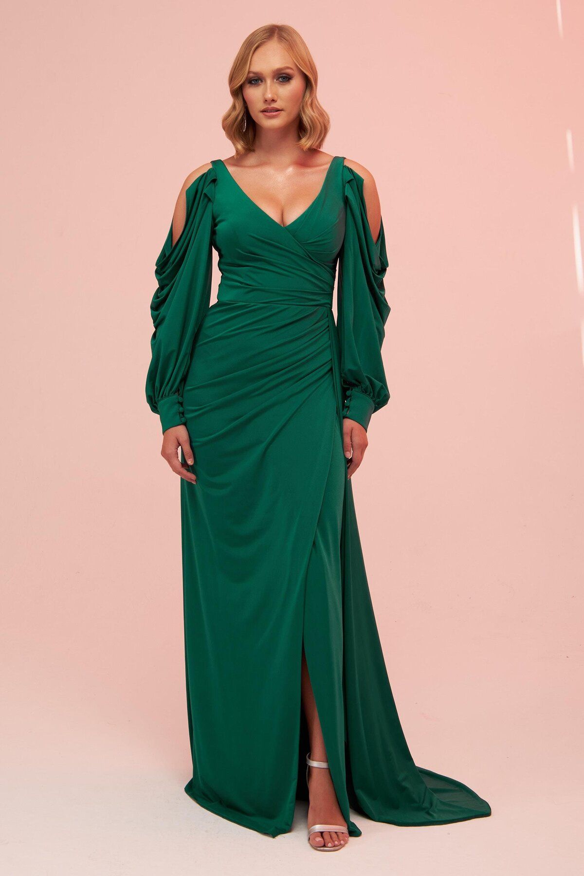 Carmen-Long Venezia Evening Dress with Emerald Sleeve Detail and Slit 1