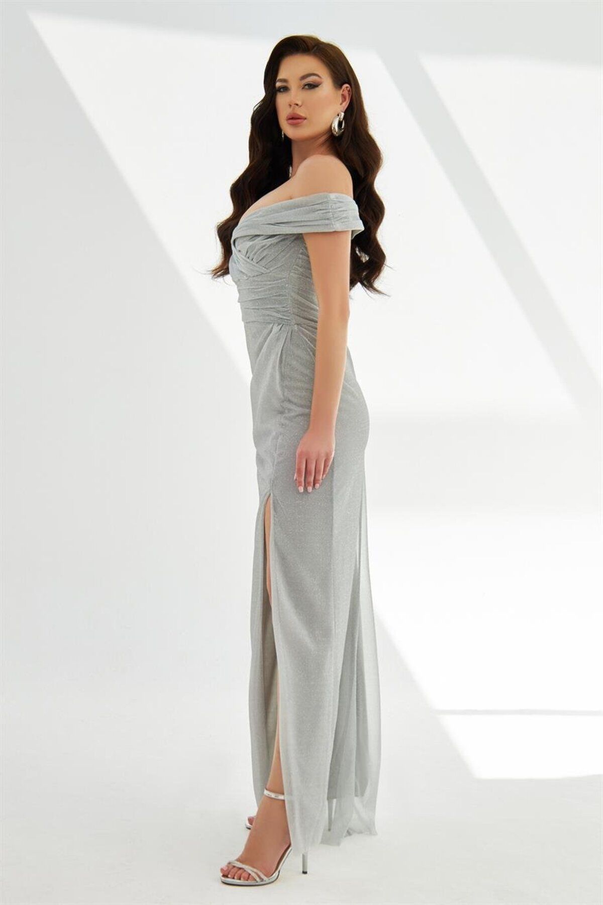 Carmen-Silver Glitter Knitted Strapless Long Evening Dress 4