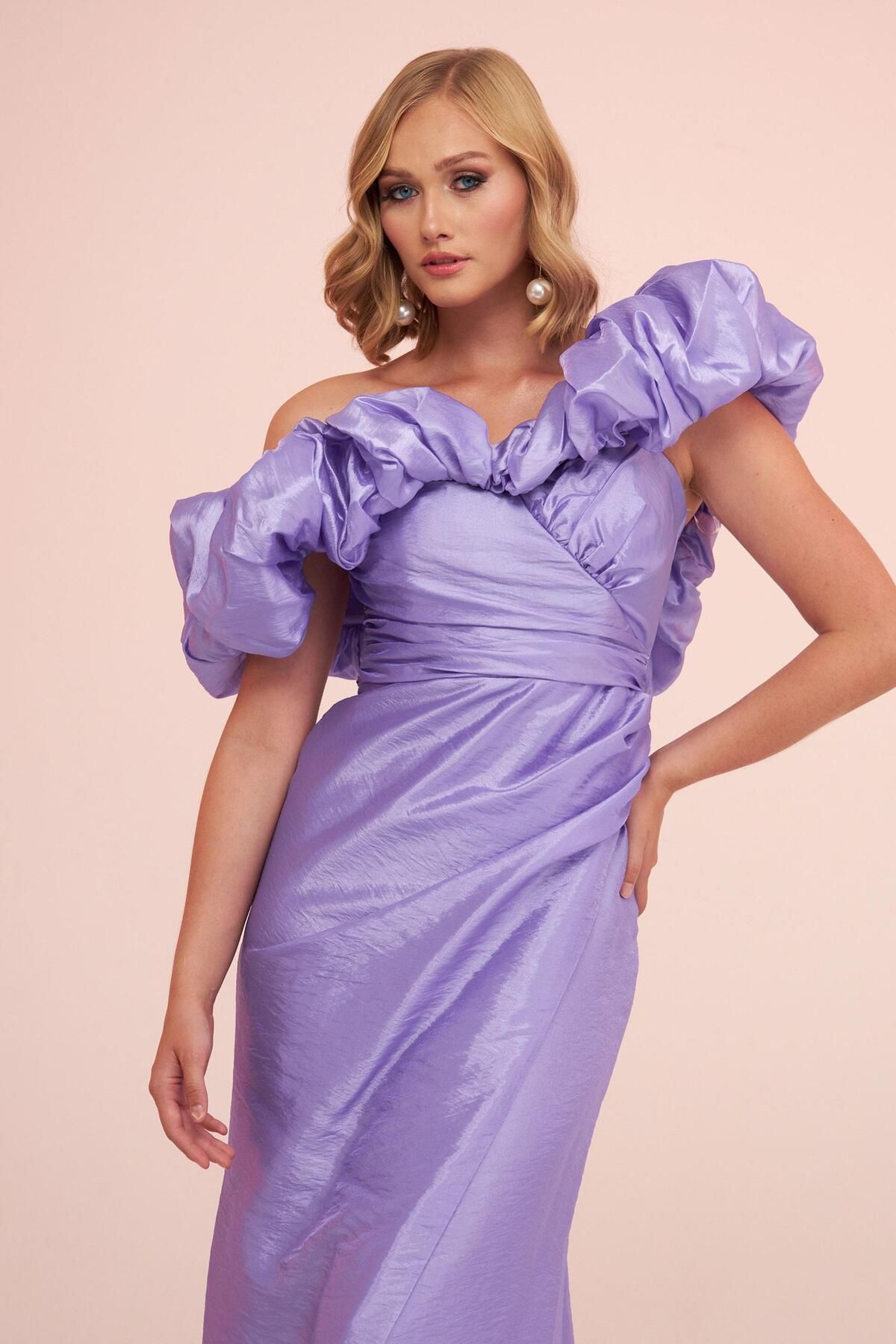 Carmen-Lilac Taffeta Off Shoulder Long Evening Dress 2