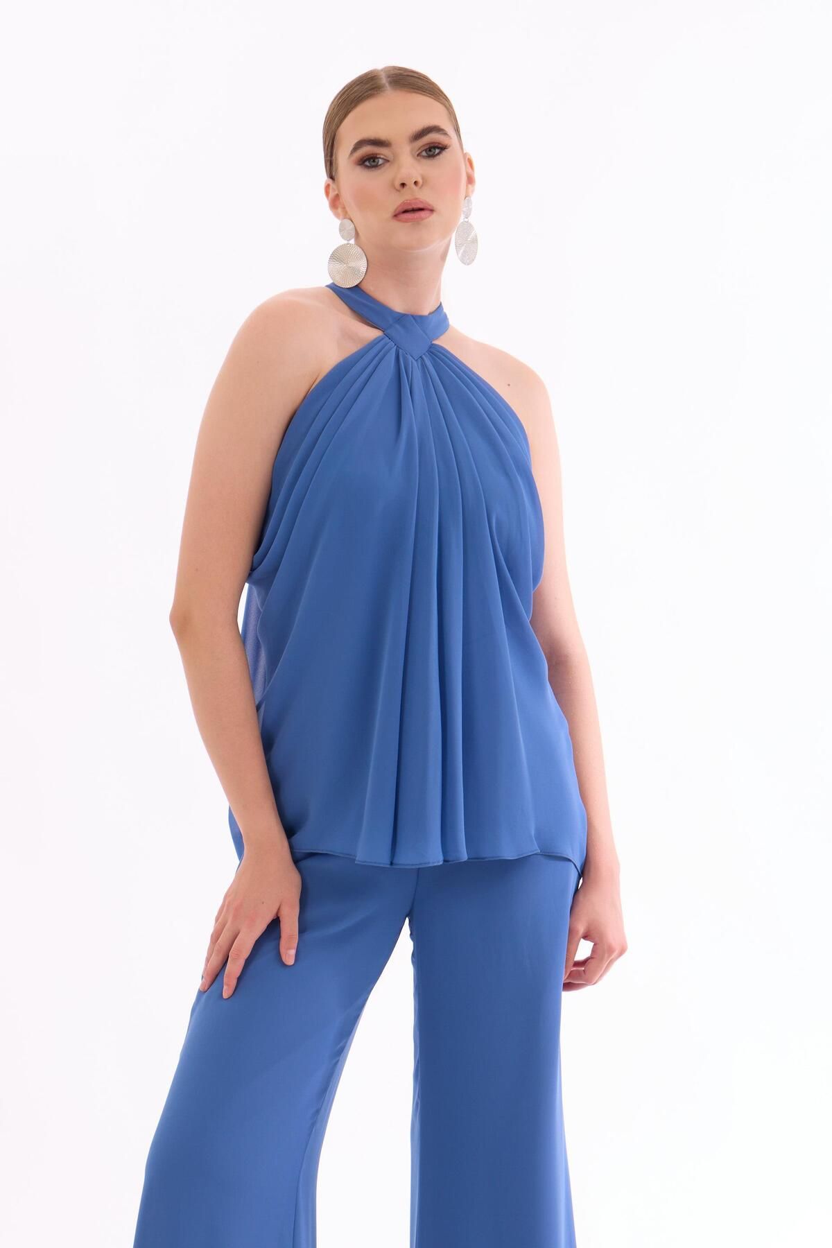 Carmen-Indigo Chiffon Halter Jumpsuit 2