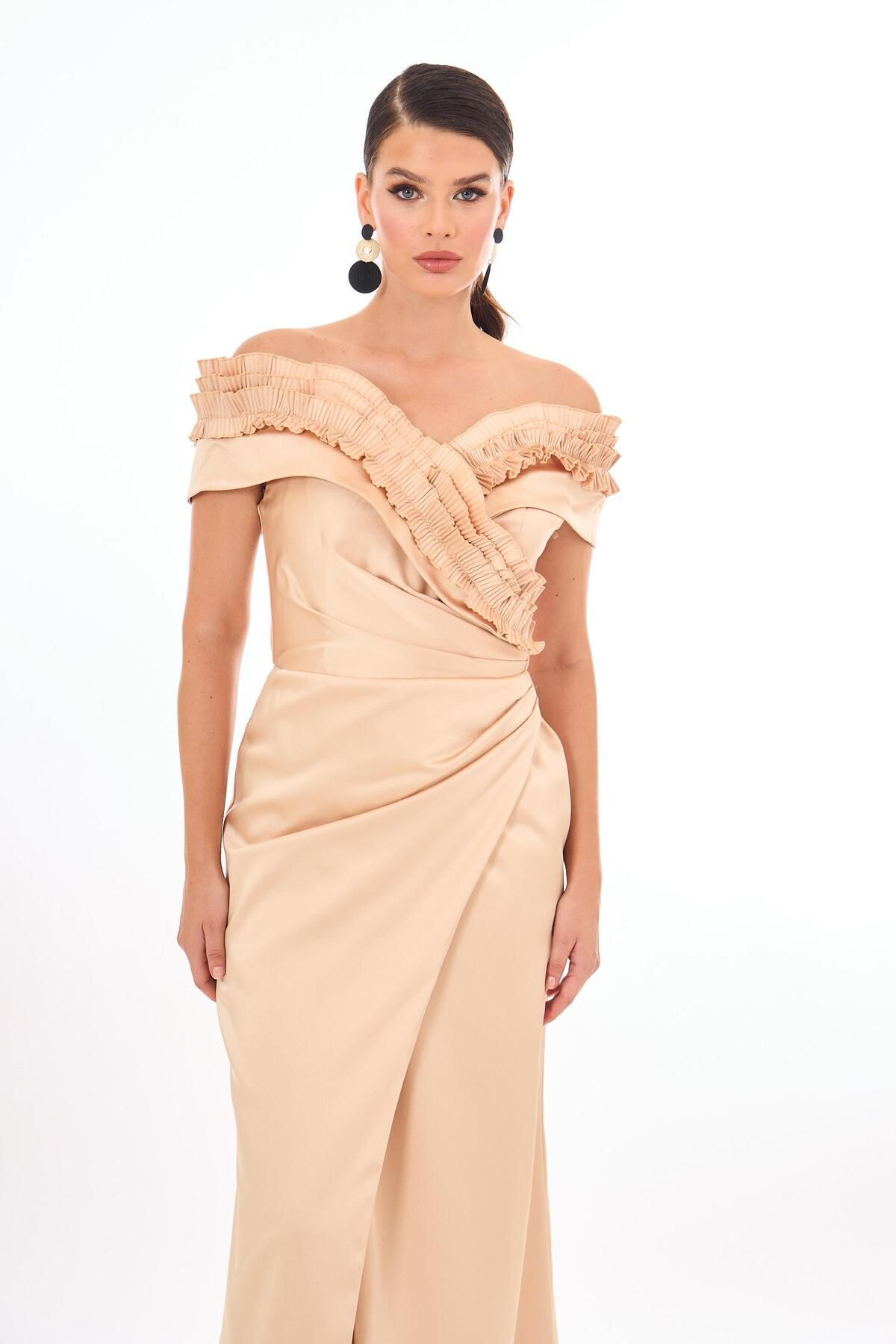 Carmen-Satin Evening Dress - Gold Ruffle and Slit Dress 2