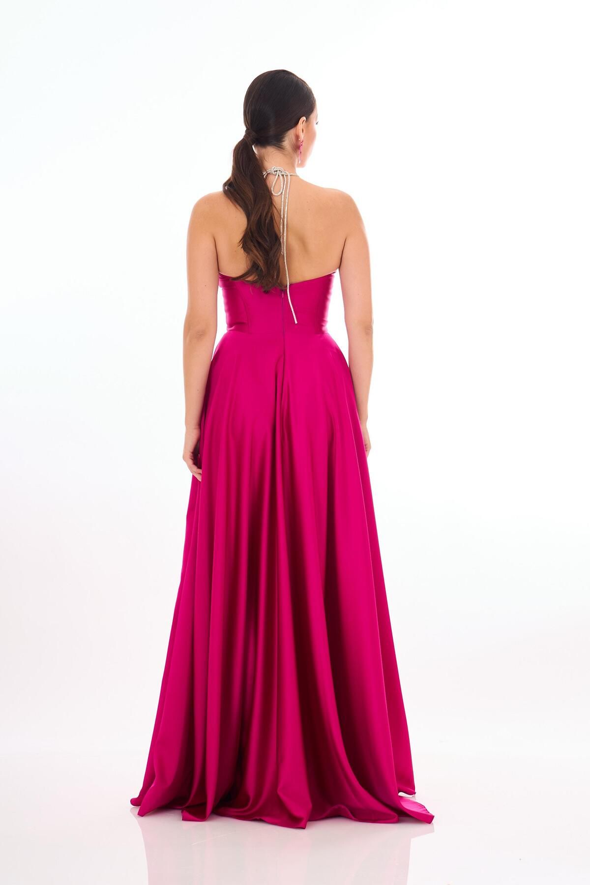 Carmen-Fuchsia Satin Strapless Long Evening Dress and Invitation Dress 5