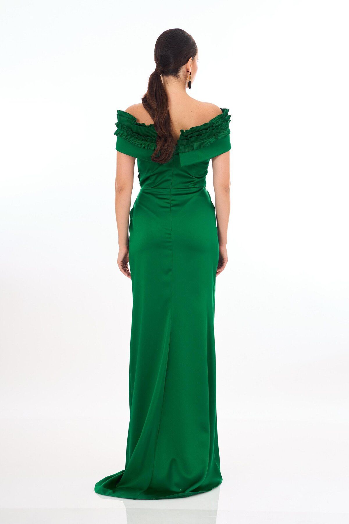 Carmen-Satin Evening Dress - Emerald Ruffle and Slit 4