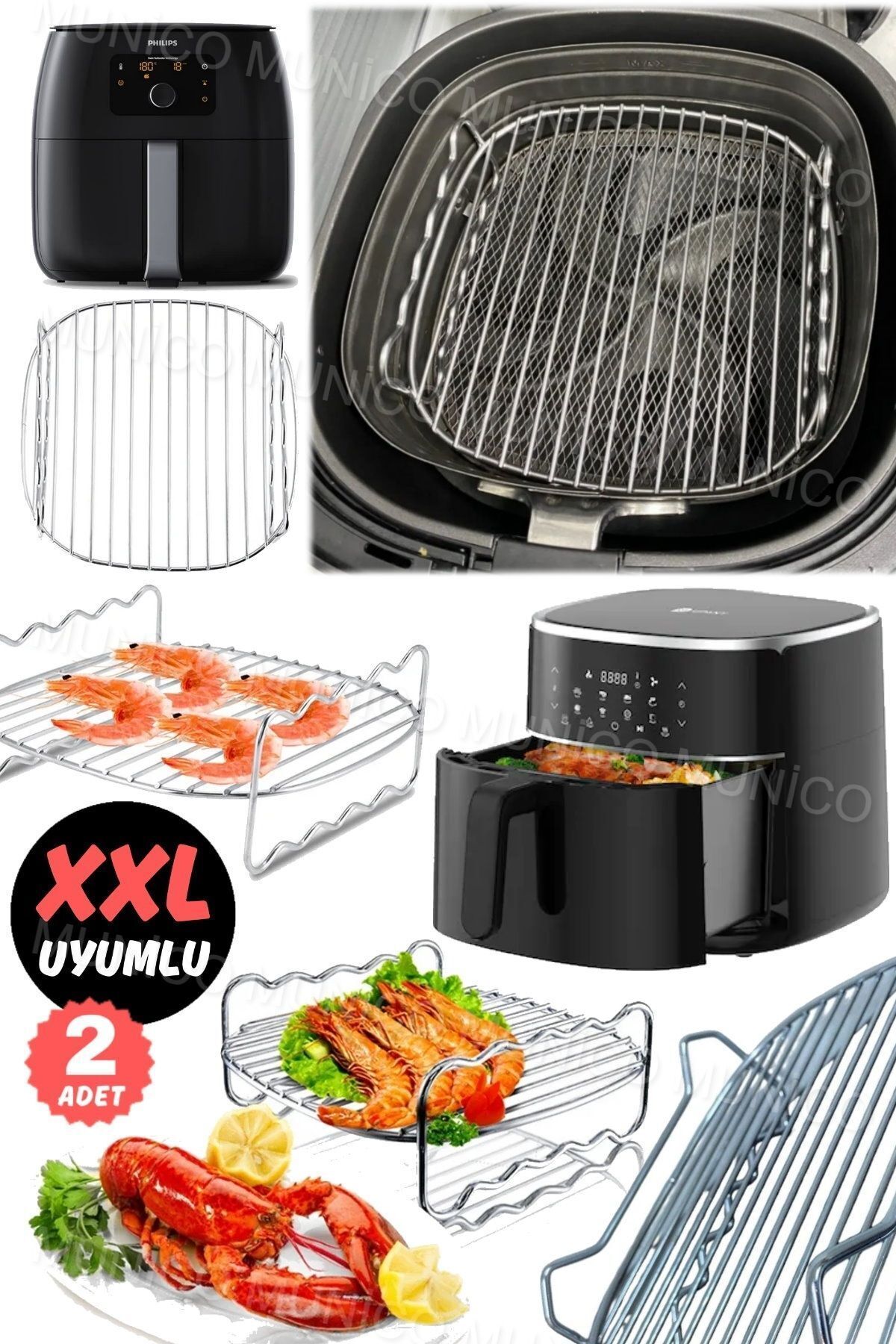 Gaggani 2 Adet XXL Uyumlu Airfryer Izgara: Paslanmaz Çelik Çok Amaçlı Raf, Çift Katlı Tasarım ile Tavuk Et