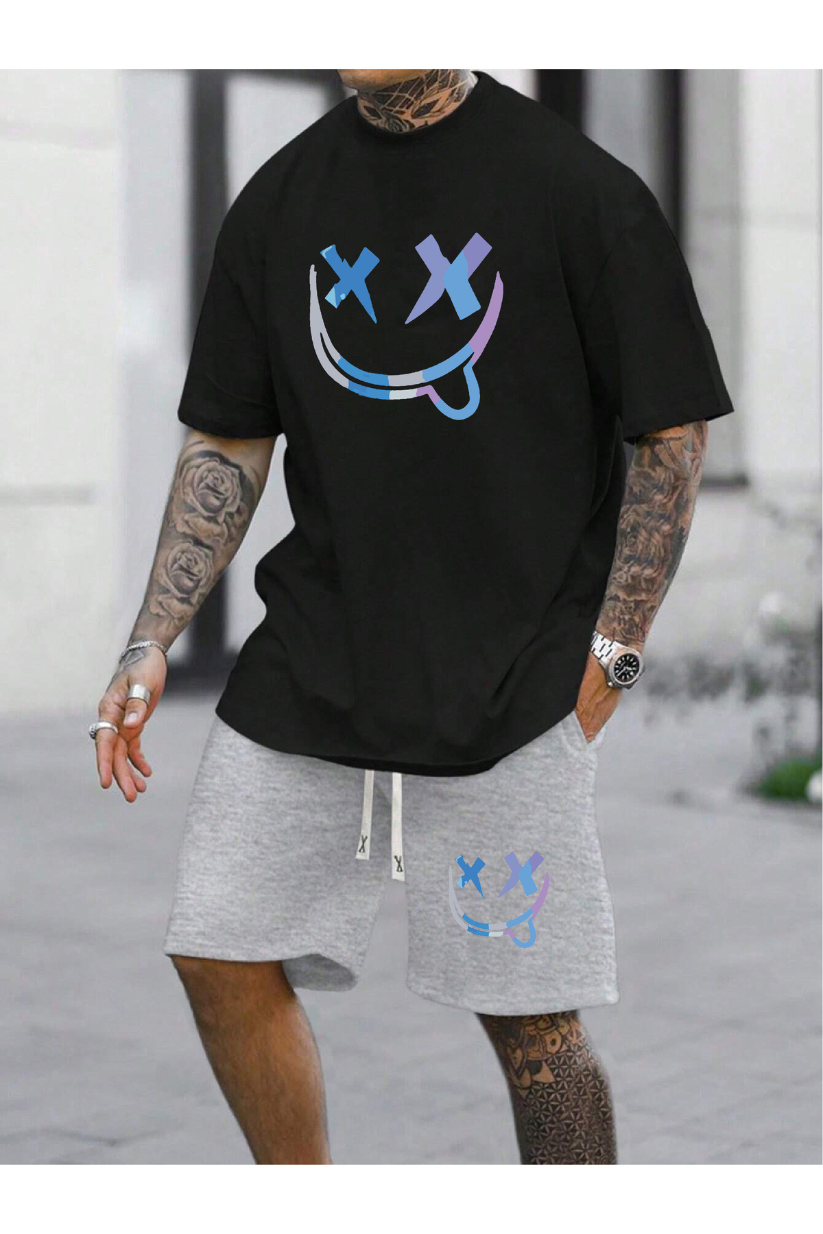 HOFFNUNG Erkek 2li Oversize Basic Beast Moda Baskılı Pamuklu Dil Çıkaran Gülen Yüz Tişört ve Şort Takımı