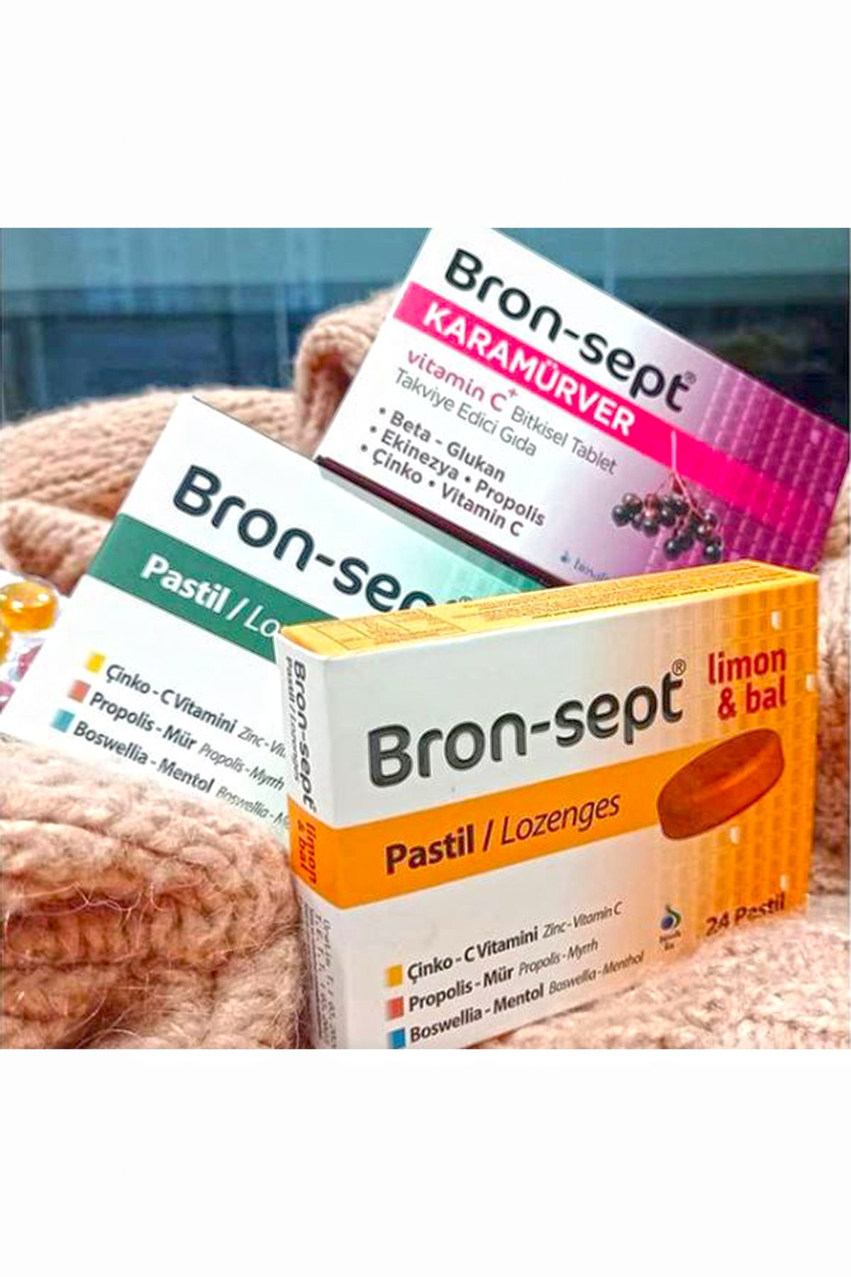 biosafir ilaç Bron-sept 3'lü Set - Kara Mürver Aromalı 24 Pastil + Plus 24 Pastil + Bal Limon Aromalı 24 Pastil