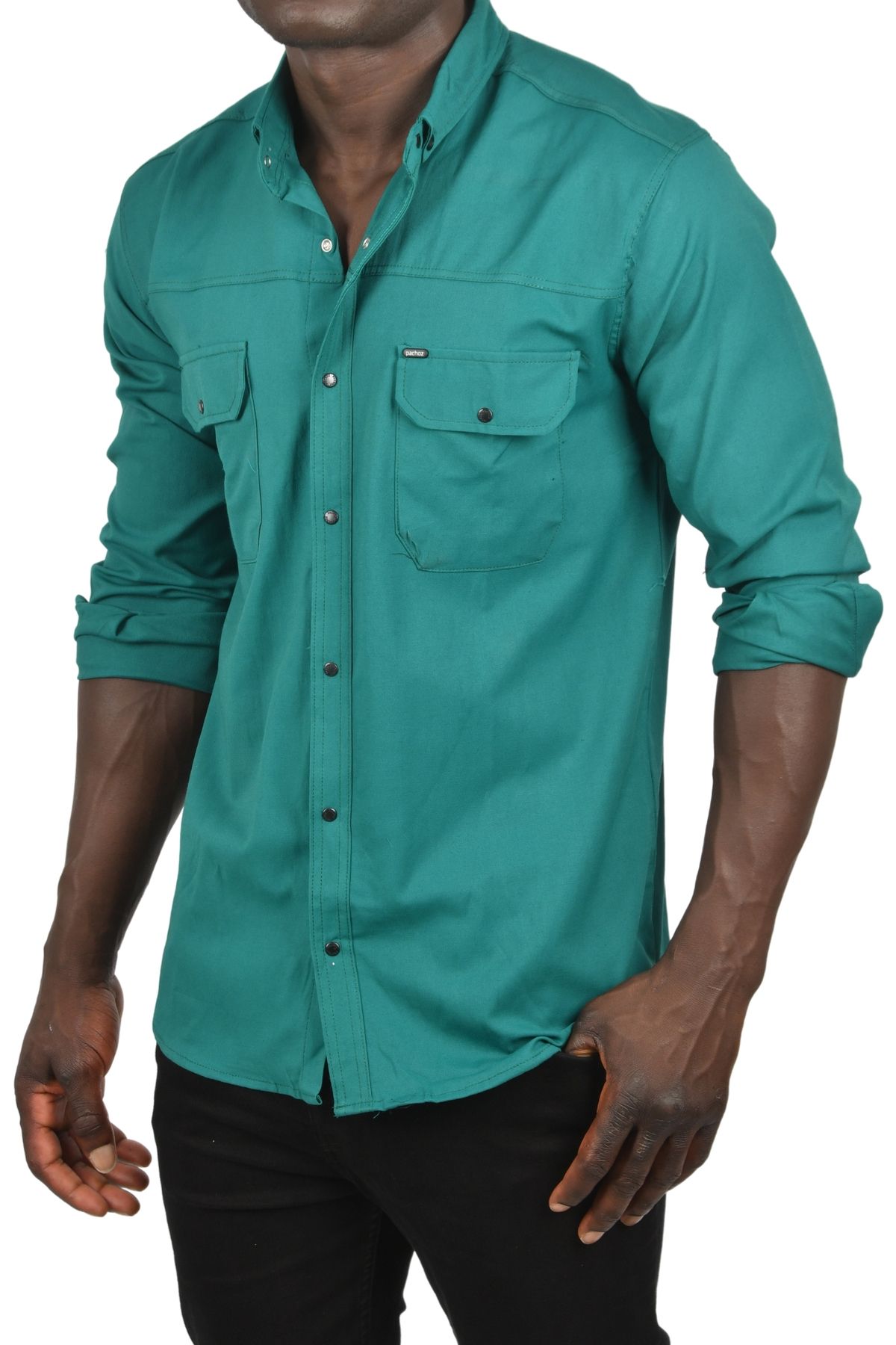 DeepSEA-Men's Green Lycra Snap Fastener Double Pocket Gabardine Shirt with Stitching Detail 2300419 1