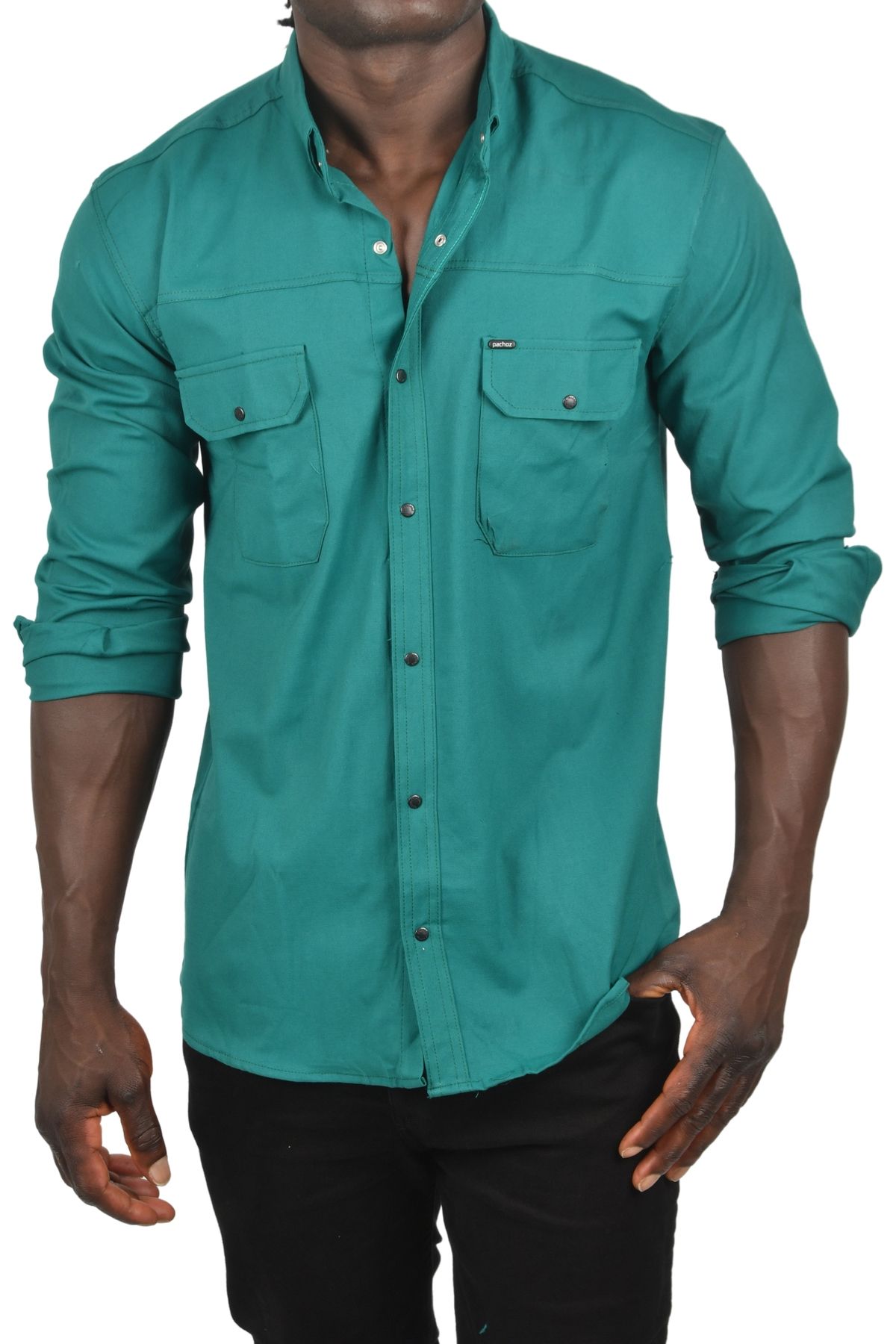 DeepSEA-Men's Green Lycra Snap Fastener Double Pocket Gabardine Shirt with Stitching Detail 2300419 5