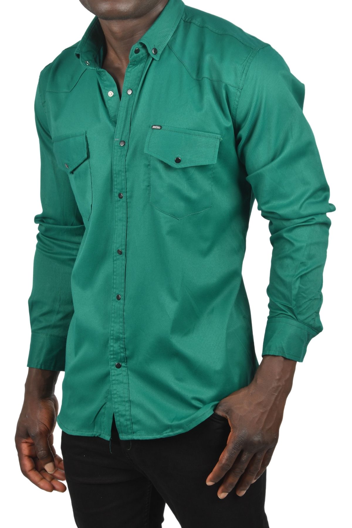 DeepSEA-Men's Green Lycra Thin Corded Double Pocket Gabardine Shirt with Snap Fasteners 2300421 2