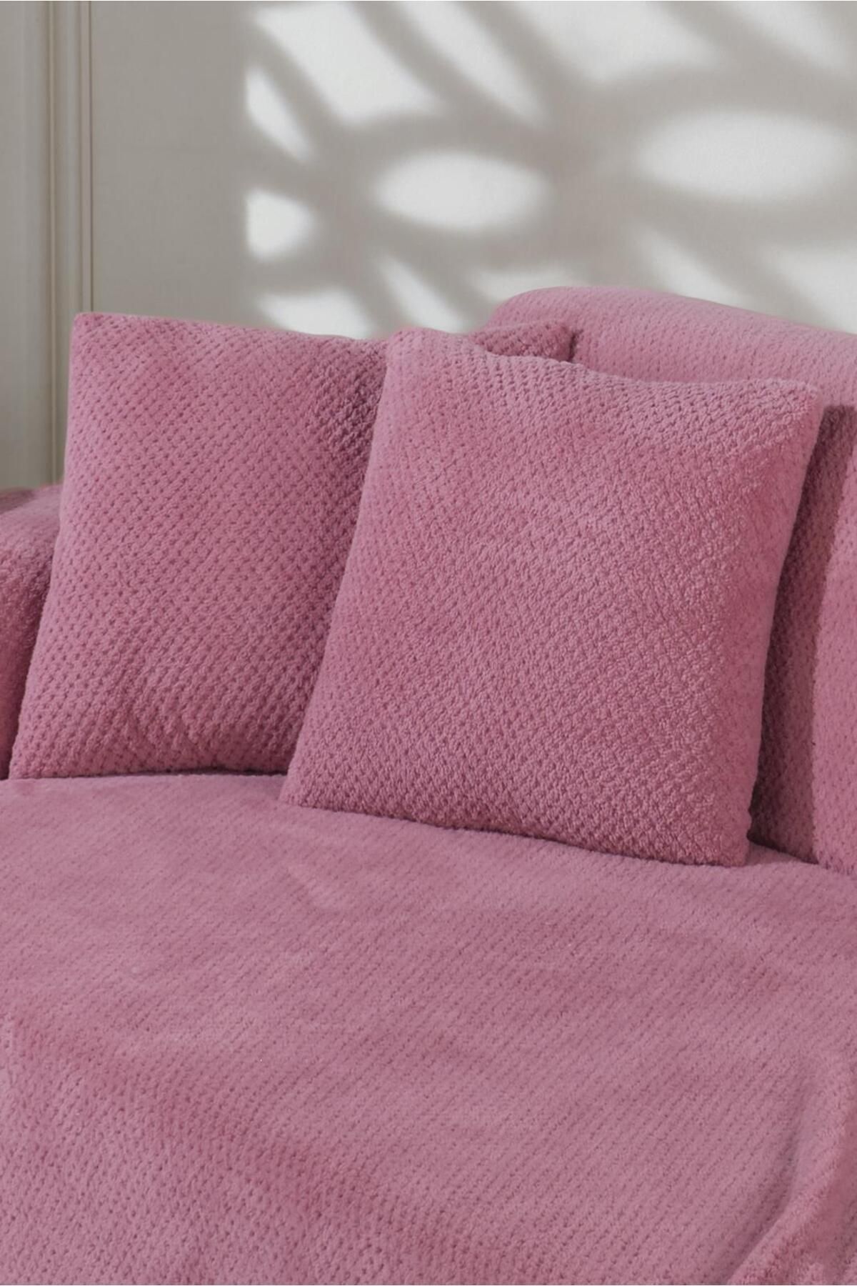 LADYNİL-Husă de canapea Wellsoft 180x300 - cu brațe care acoperă și pătură TV, 2 bucăți 45x45 pernă Dusty Rose 3