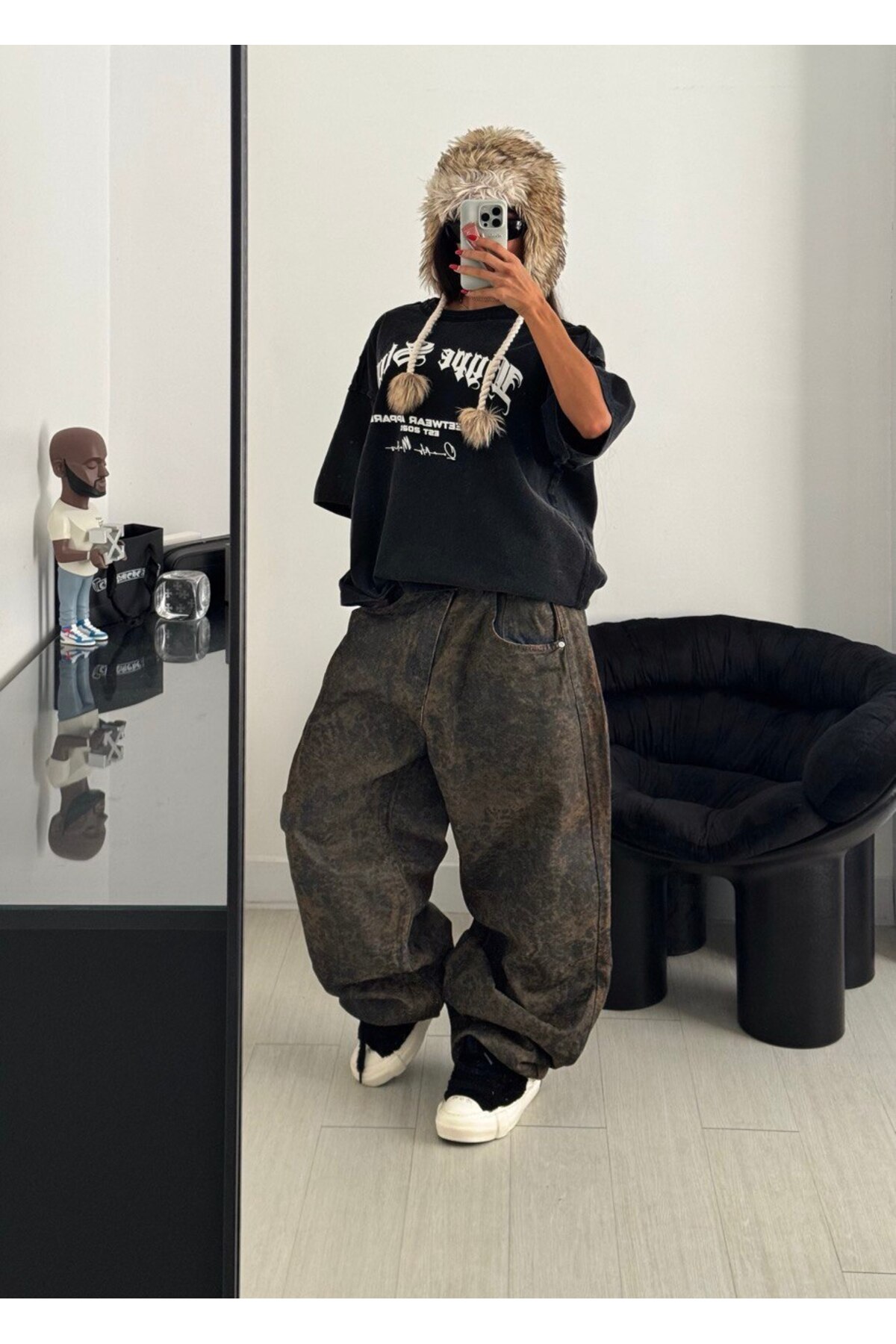 Alien 1979  Özel Leopar Desenli Kaplamalı Kahve Rengi Bol Kesim Kot Pantolon - Görsel 4