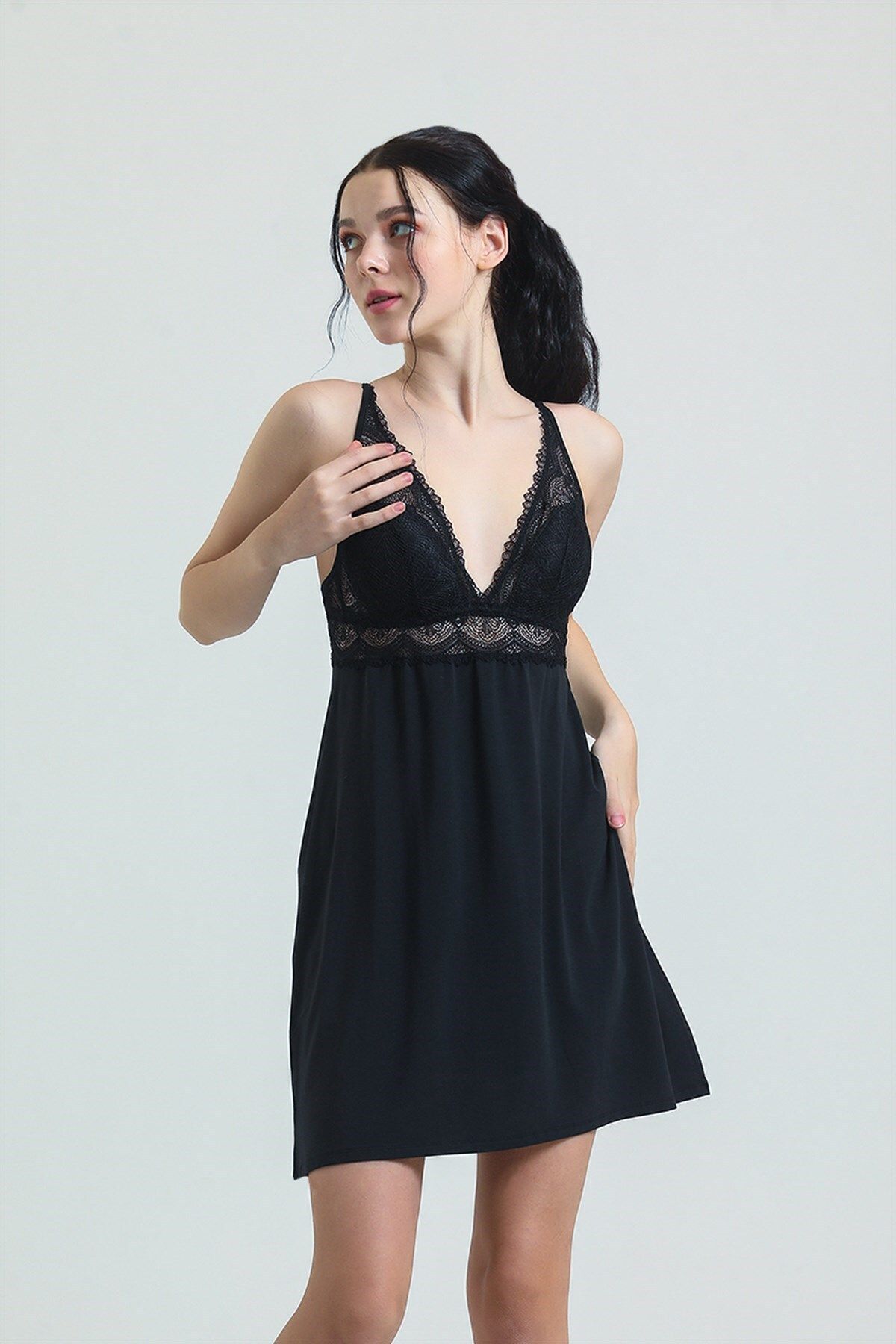 Magic Form-3778 Women's Lace Modal Rope Strap Nightgown-Black 2