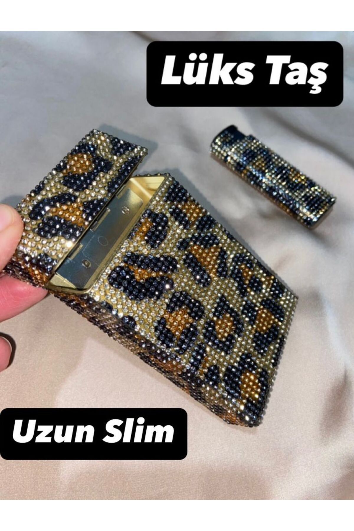 Lüks Taş Taşlı Sigara Kutusu Ve Çakmak (UZUN SLİM)