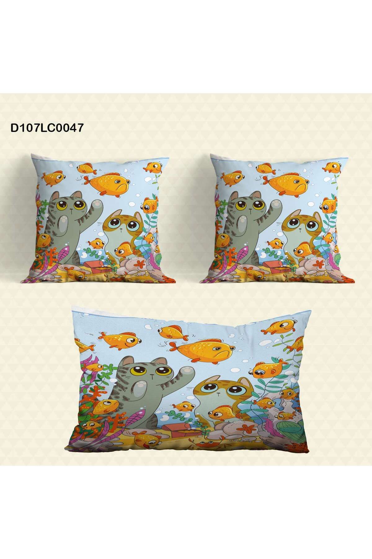 A2ZTR-Cat Fishes for Kids and Baby Room - Curtain,Bed Cover,Tape,Square Wall Watch,Pillow and Cover Case 7