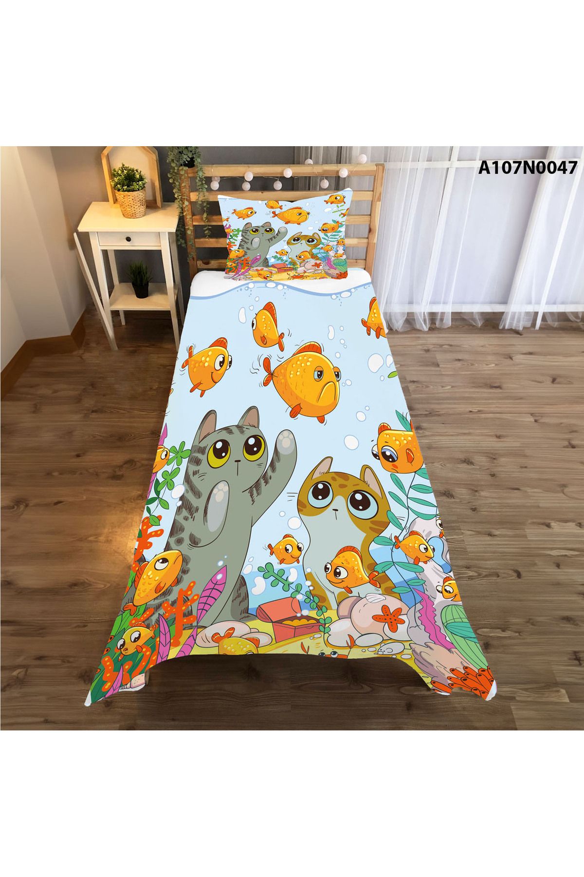 A2ZTR-Cat Fishes for Kids and Baby Room - Curtain,Bed Cover,Tape,Square Wall Watch,Pillow and Cover Case 3