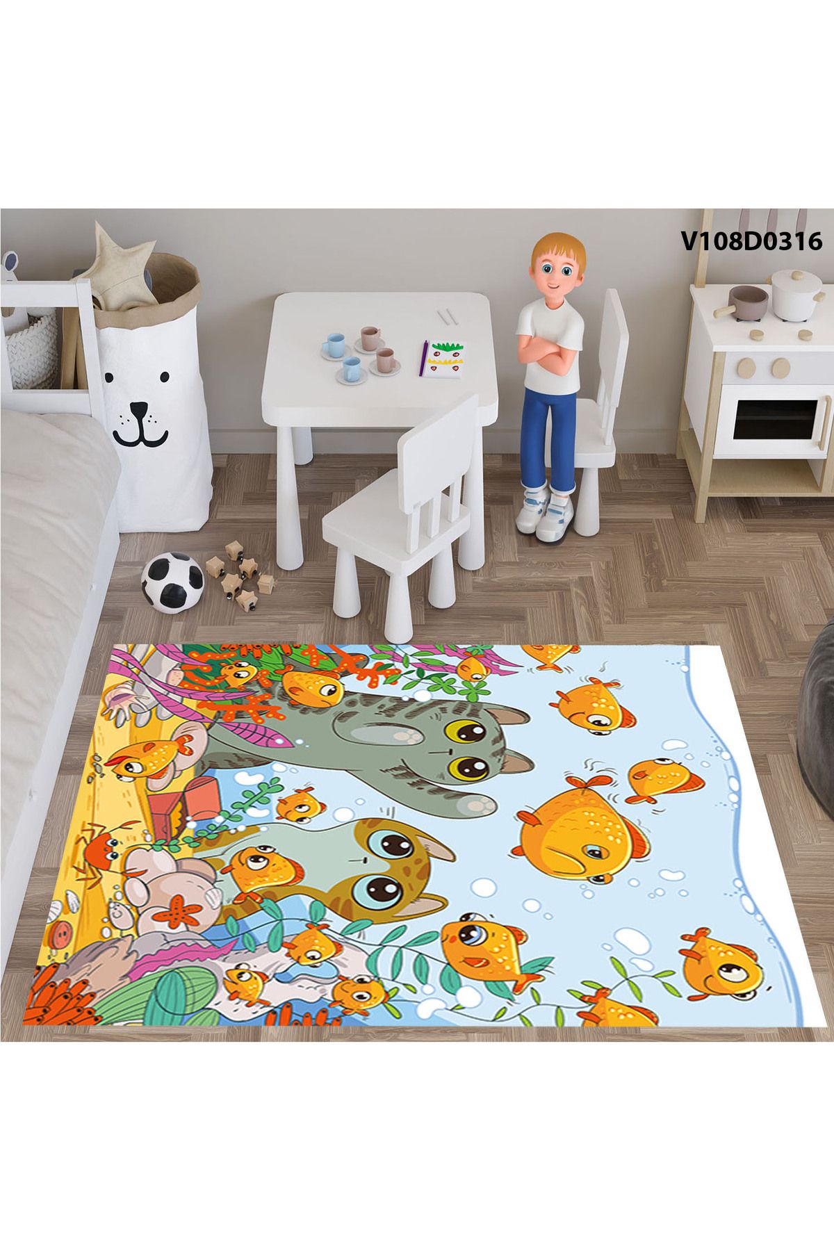 A2ZTR-Cat Fishes for Kids and Baby Room - Curtain,Bed Cover,Tape,Square Wall Watch,Pillow and Cover Case 5