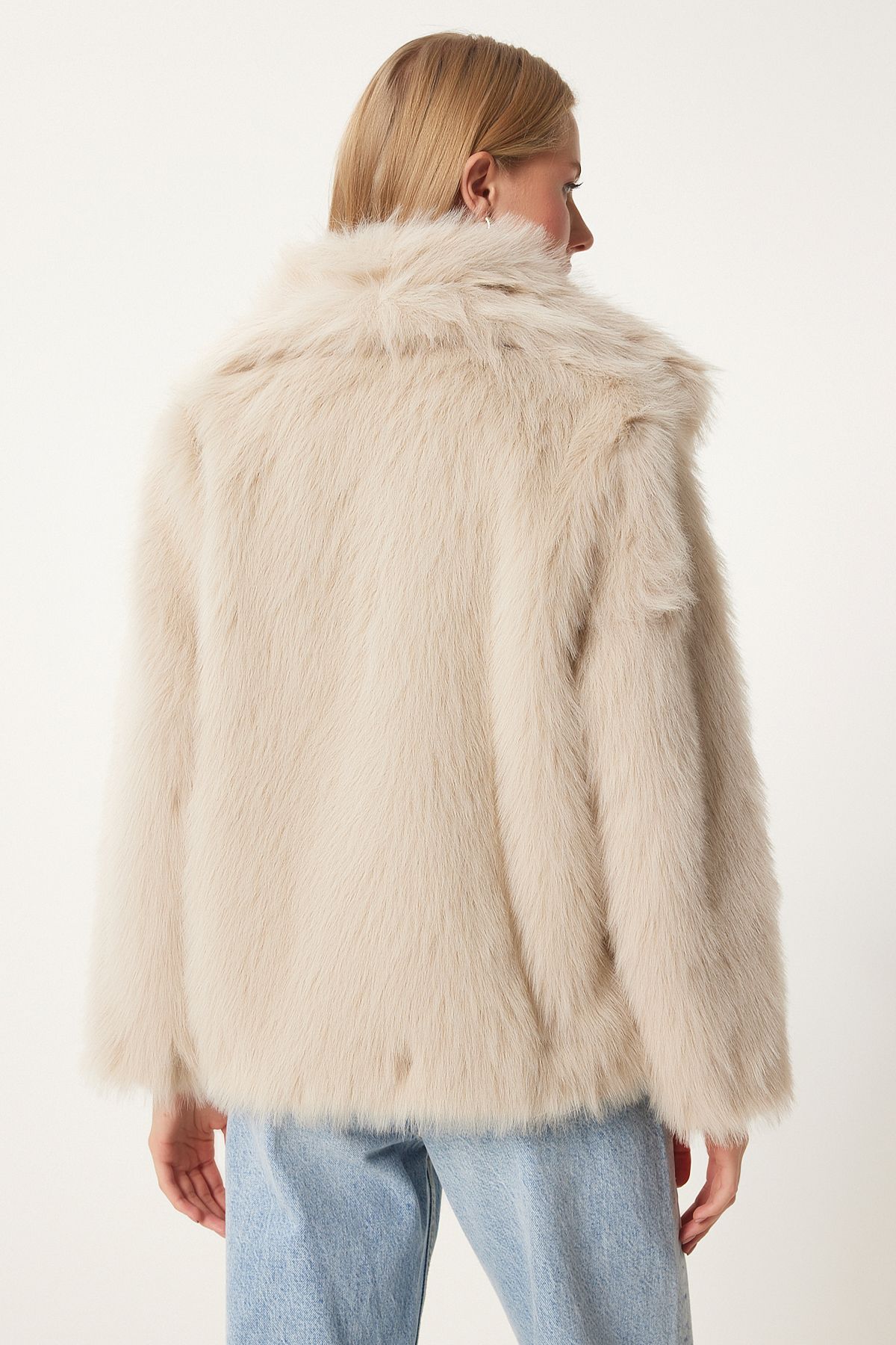 Lovelyİstanbul-Shawl Collar Lined Faux Fur Jacket Beige Lul0015 7