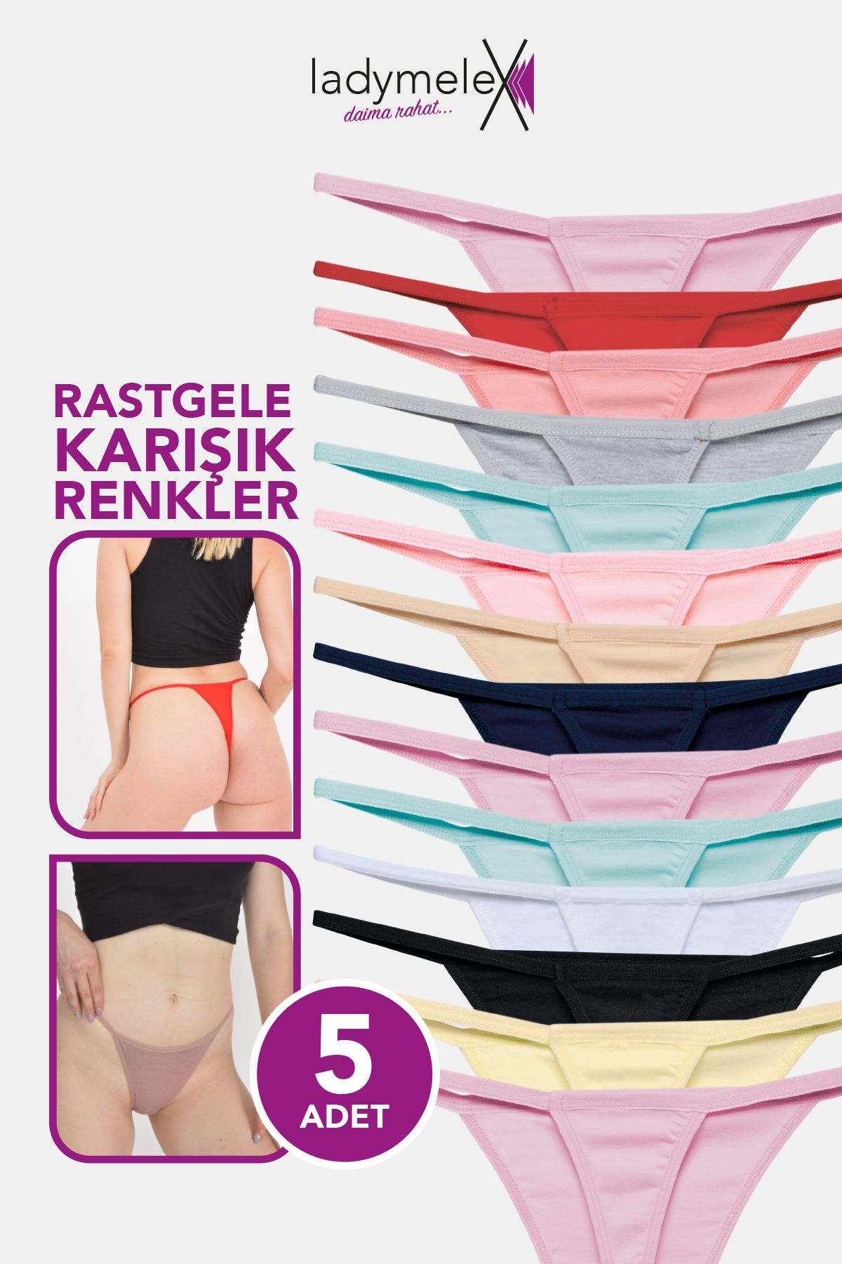 LadyMelex Kadın Tanga, Perfect Fall, G String Tanga (S-M-L-XL) 5 Adet Rastgele Renk Tanga, %100 Yumuşak Pamuk