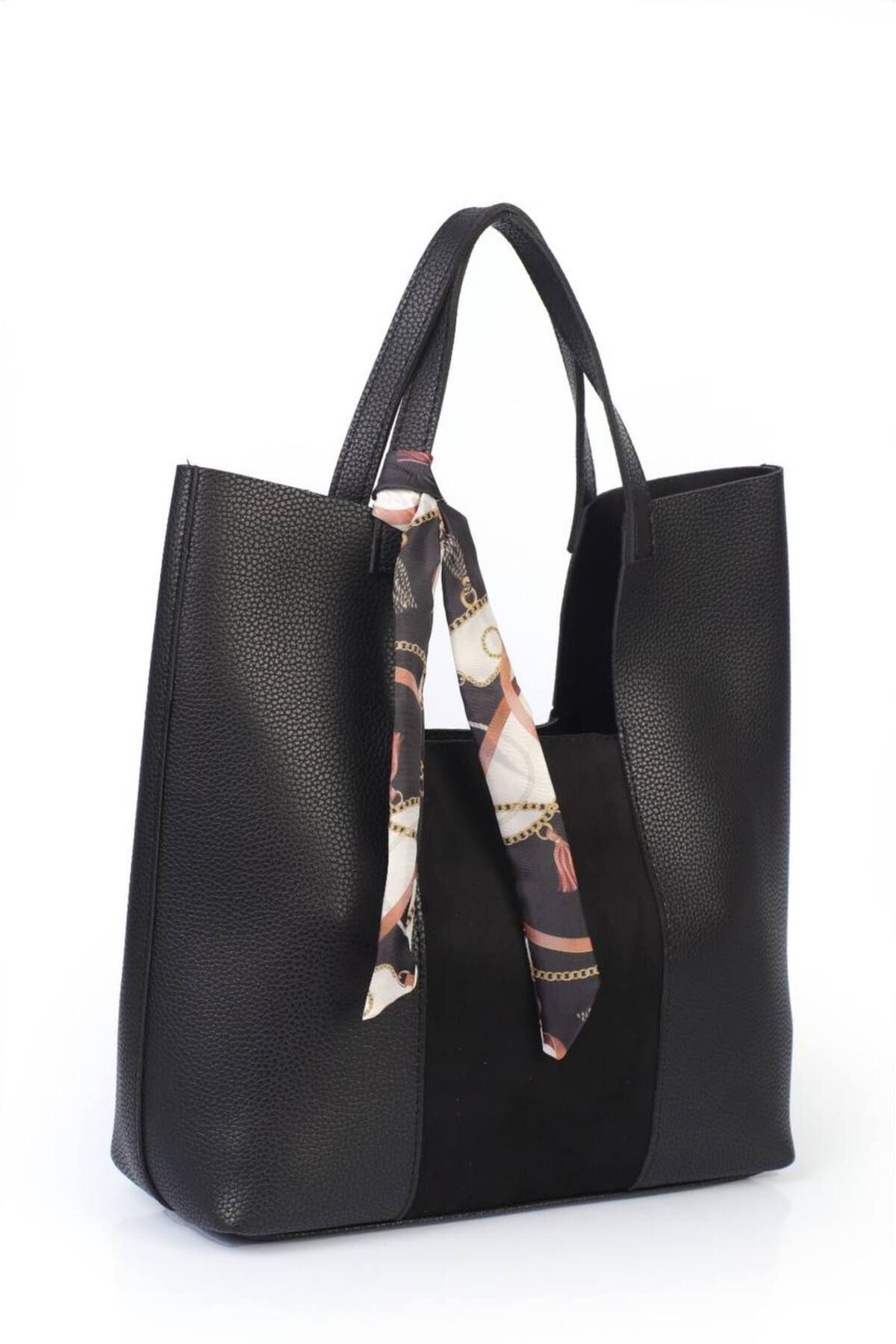 ARTON-Black Scarf Suede Pieced Puppy Large Size Handbag and Shoulder Bag with Snap Closure Strap 1