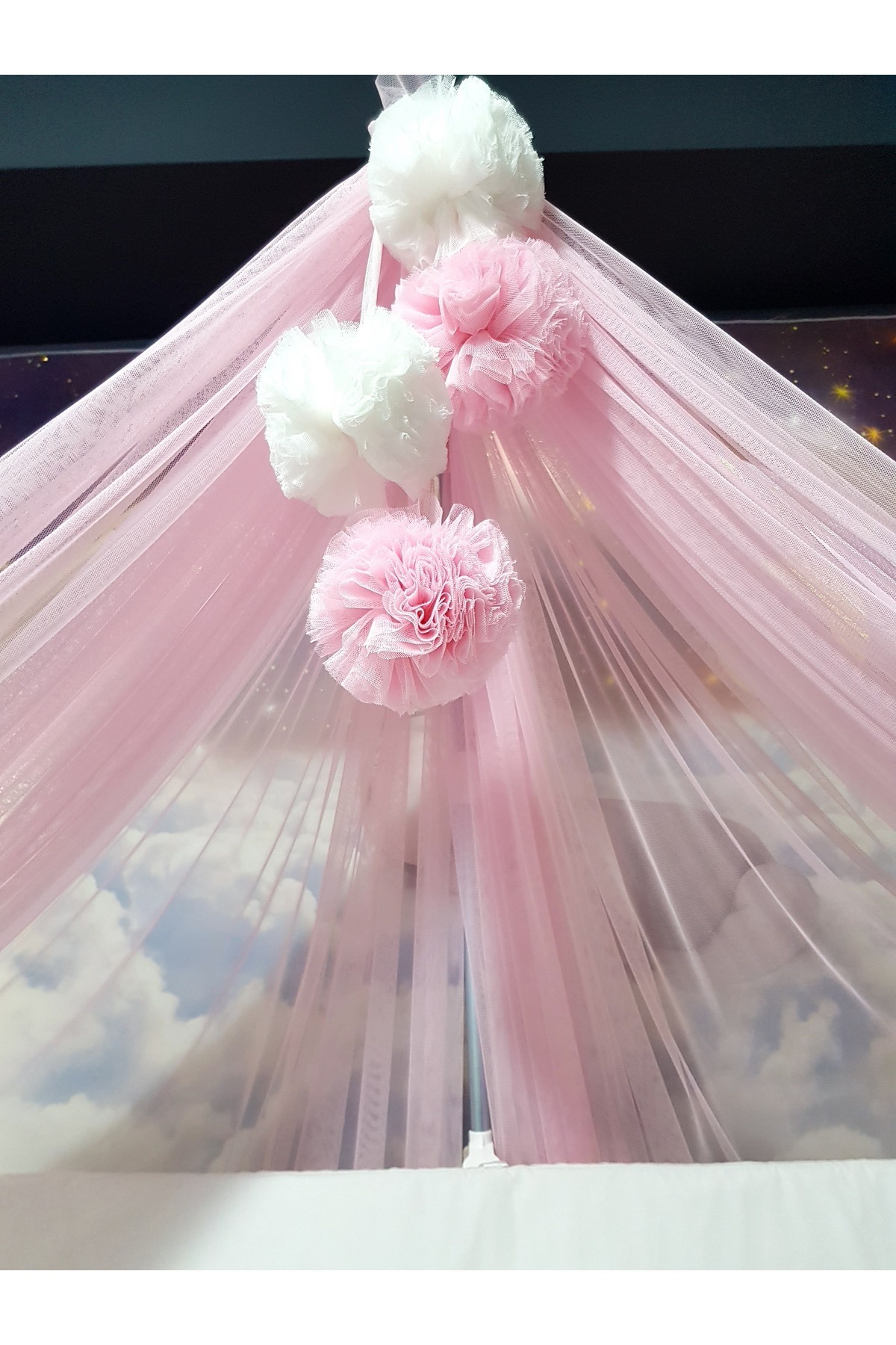 bebek_iklimi Bebek Lüks Cibinlik Takımı - Açık Pembe Ve Beyaz Dört Ponponlu - 6 Metre Likra Tül (APARAT DAHİL) fotoğrafı 4 (önizleme)