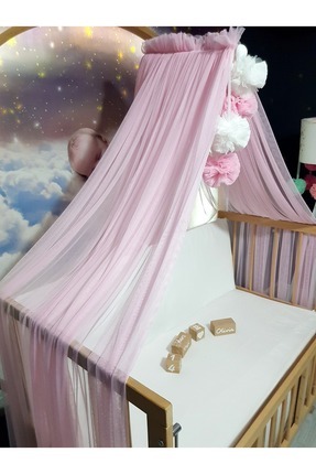 bebek_iklimi Bebek Lüks Cibinlik Takımı - Açık Pembe Ve Beyaz Dört Ponponlu -...