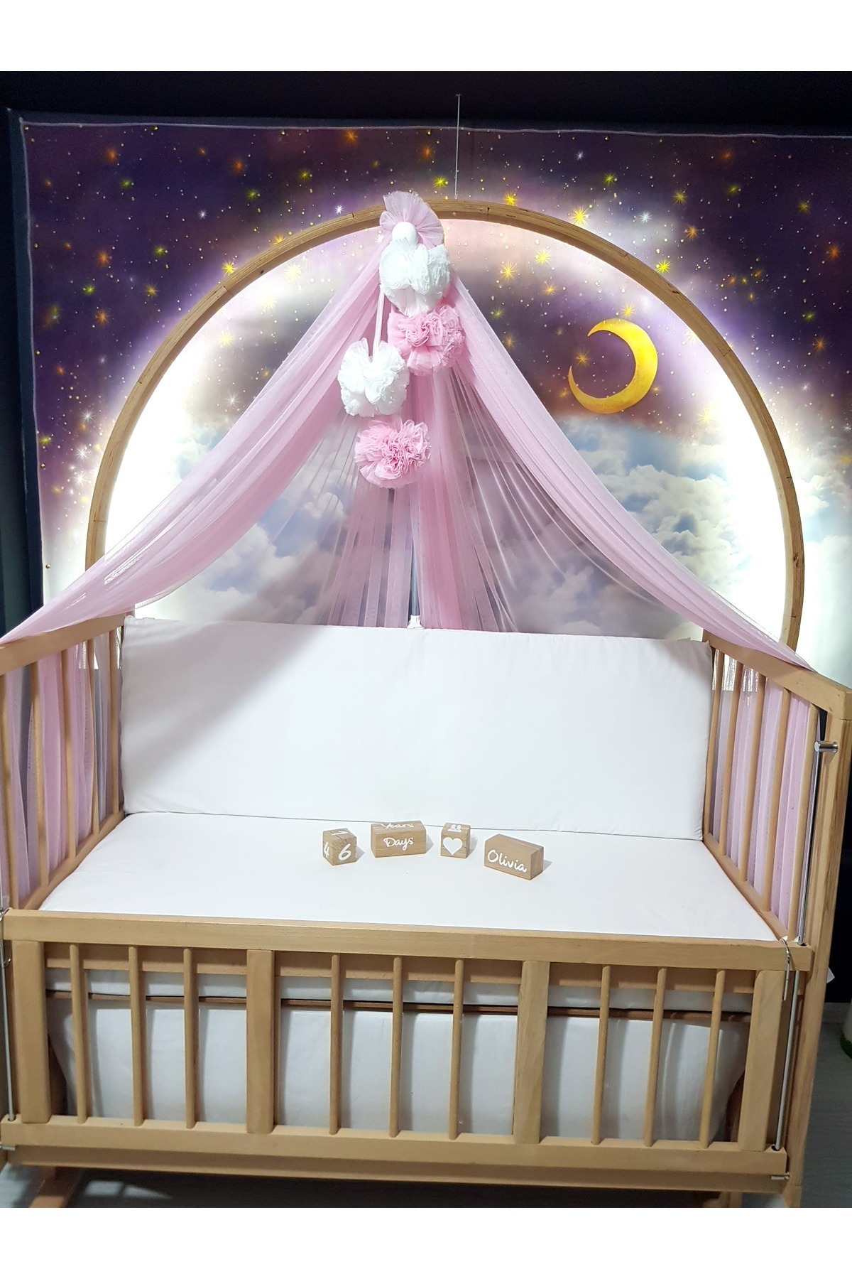 bebek_iklimi Bebek Lüks Cibinlik Takımı - Açık Pembe Ve Beyaz Dört Ponponlu - 6 Metre Likra Tül (APARAT DAHİL) fotoğrafı 5 (önizleme)