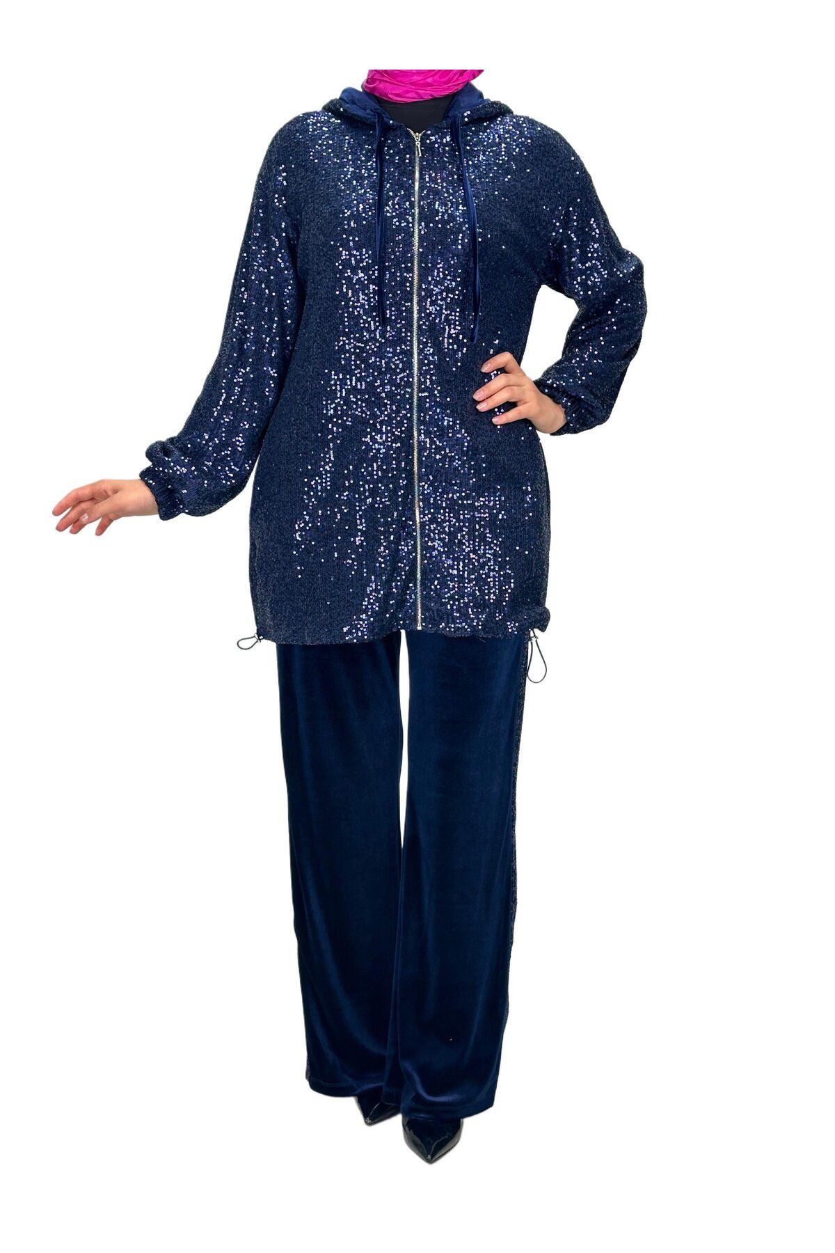 ottoman wear-Navy Blue Sequined Velvet Set - Otw8440 2