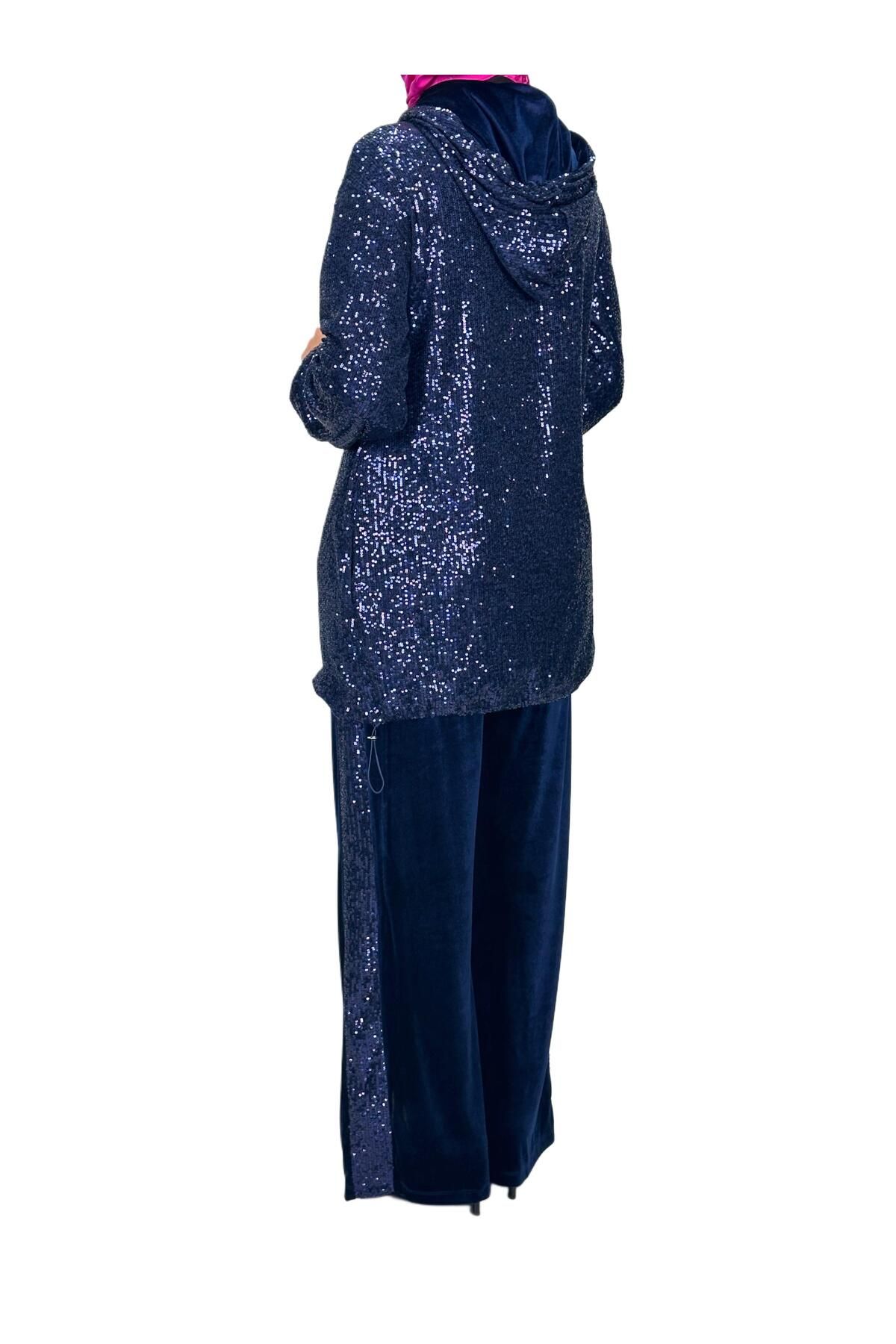 ottoman wear-Navy Blue Sequined Velvet Set - Otw8440 7