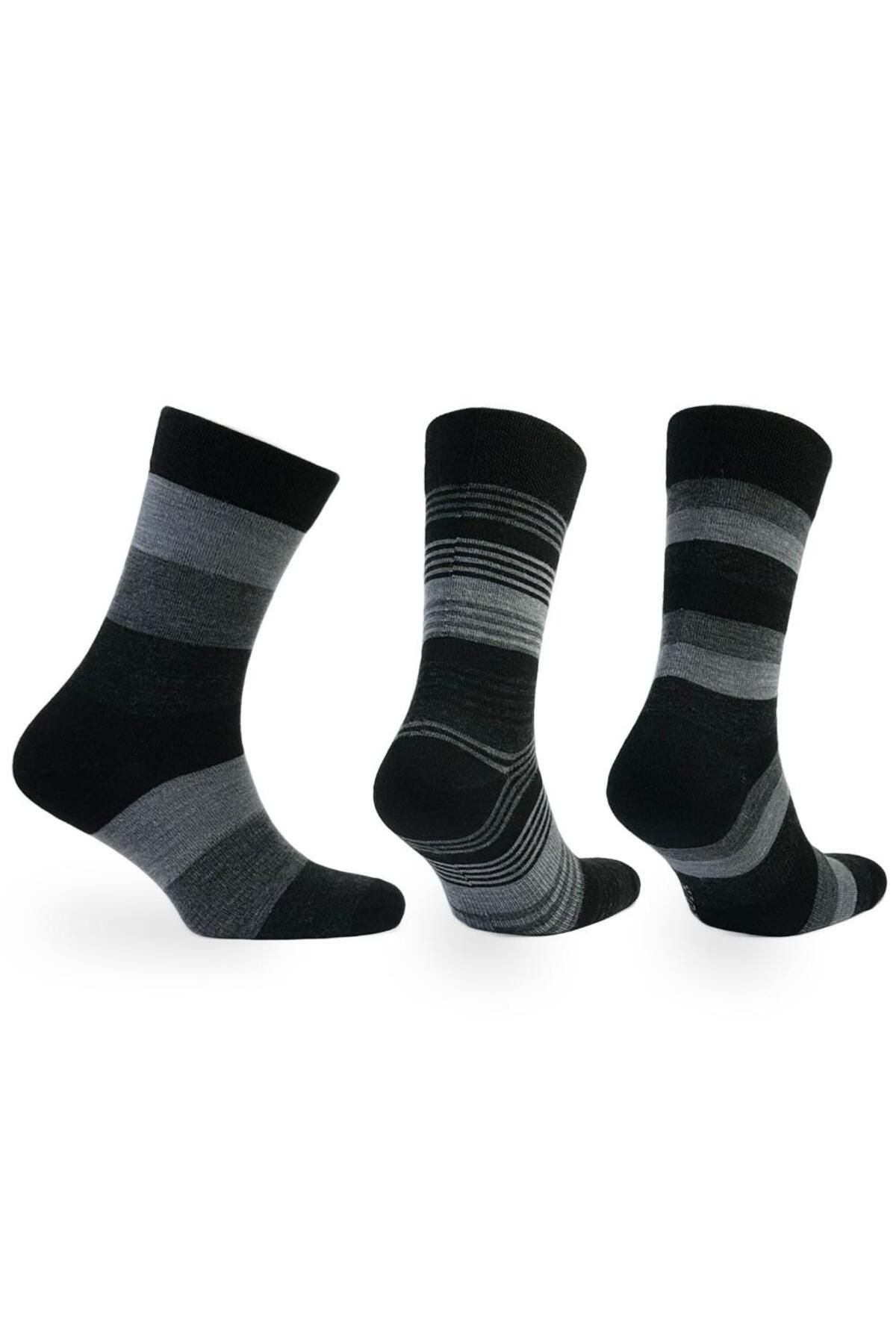 NORFOLK-Stockholm Merino Premium Gray Striped Wool Thin Knit Casual Socks - Pack of 3 3