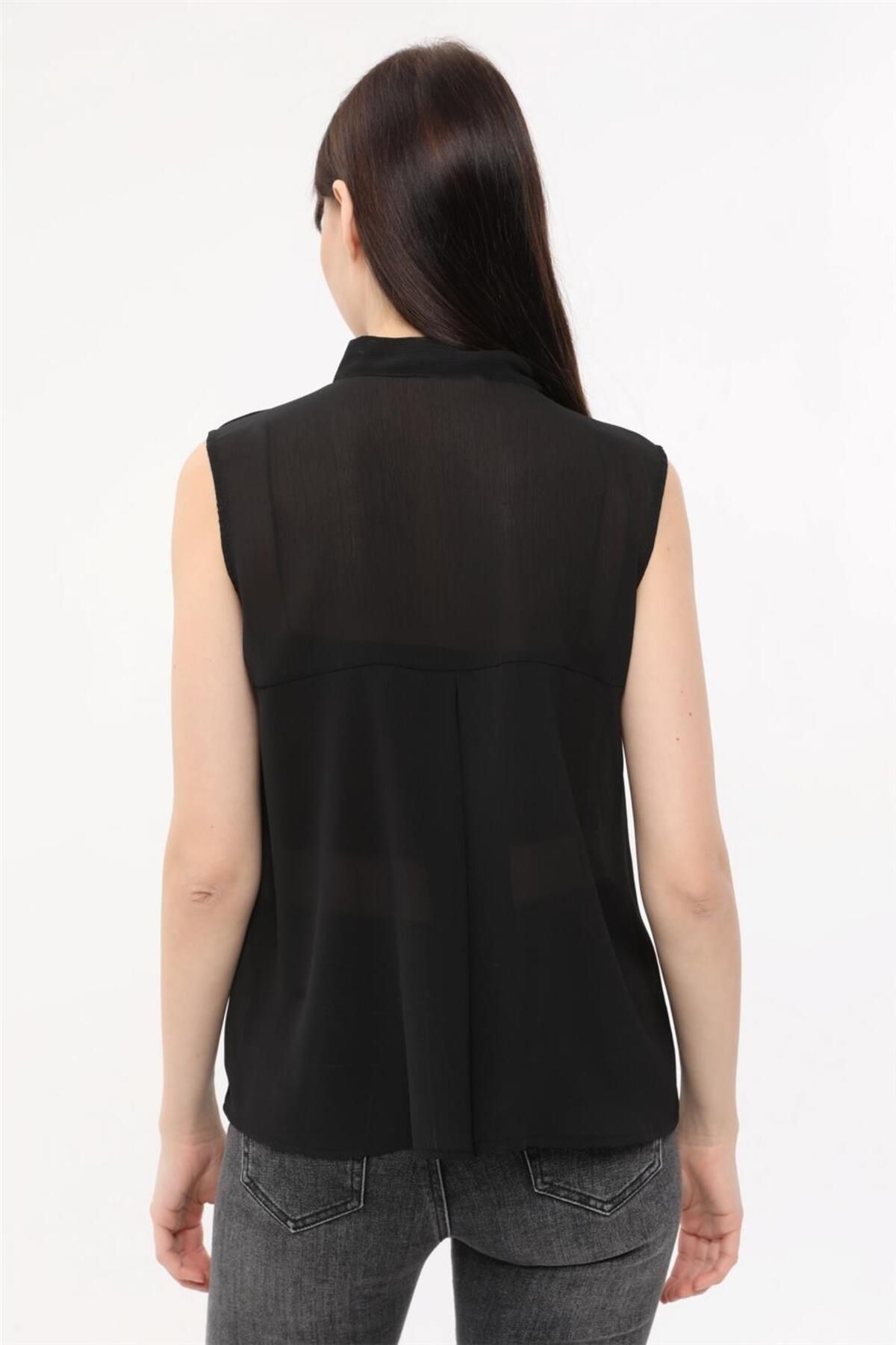 HomeStore-Bluse mit Schleife, Schnürung, Stehkragen, ärmellos – Schwarz 4