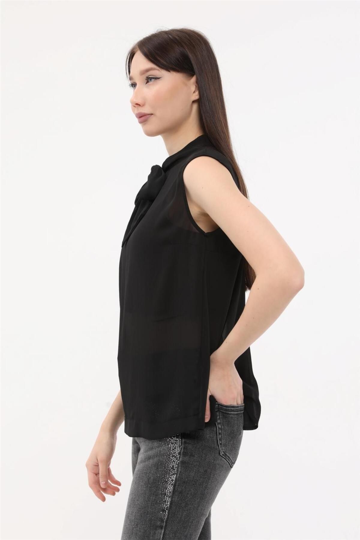 HomeStore-Bluse mit Schleife, Schnürung, Stehkragen, ärmellos – Schwarz 3