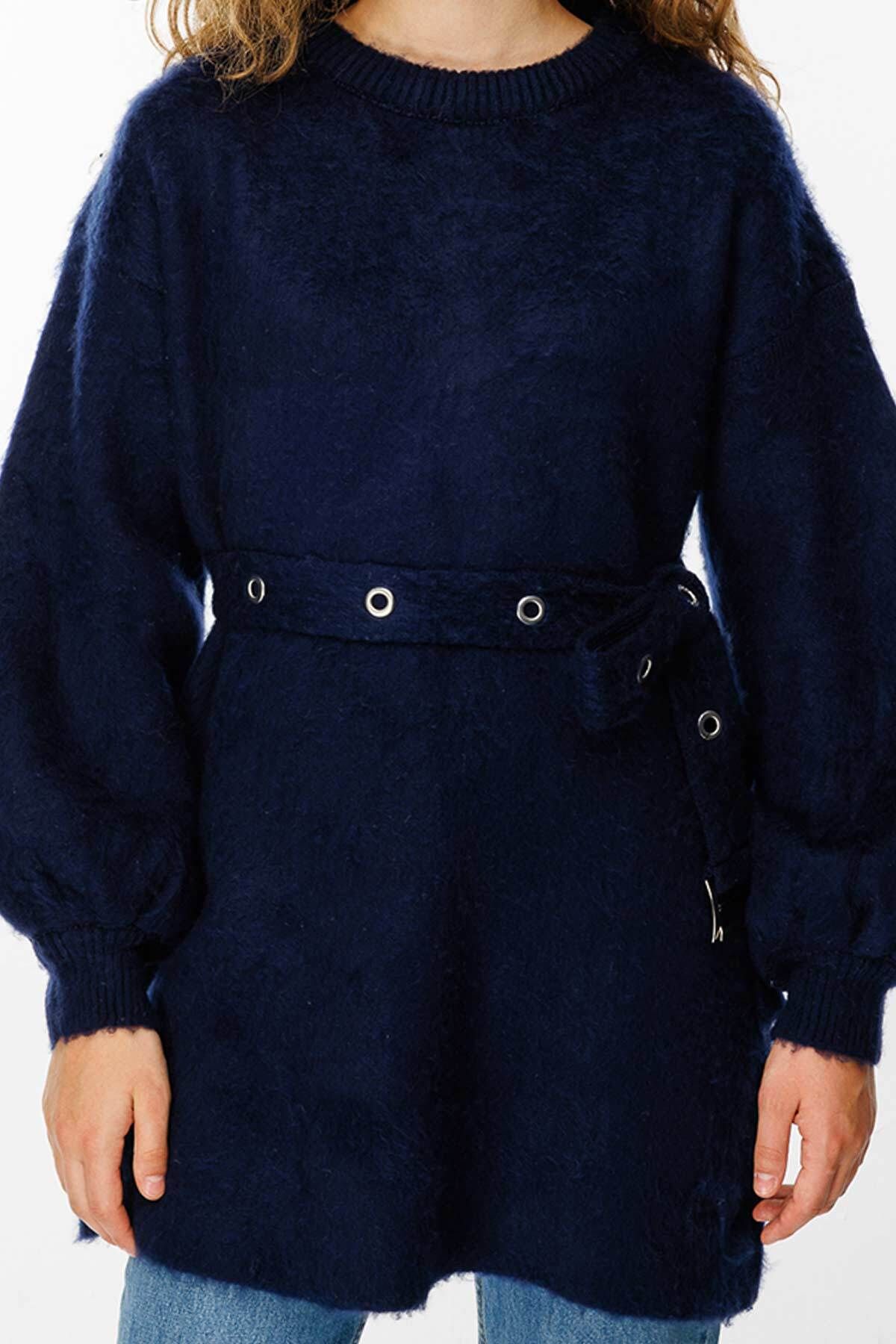 Hooopstore-Navy Blue Sweater with Belted Bird Eyes 3