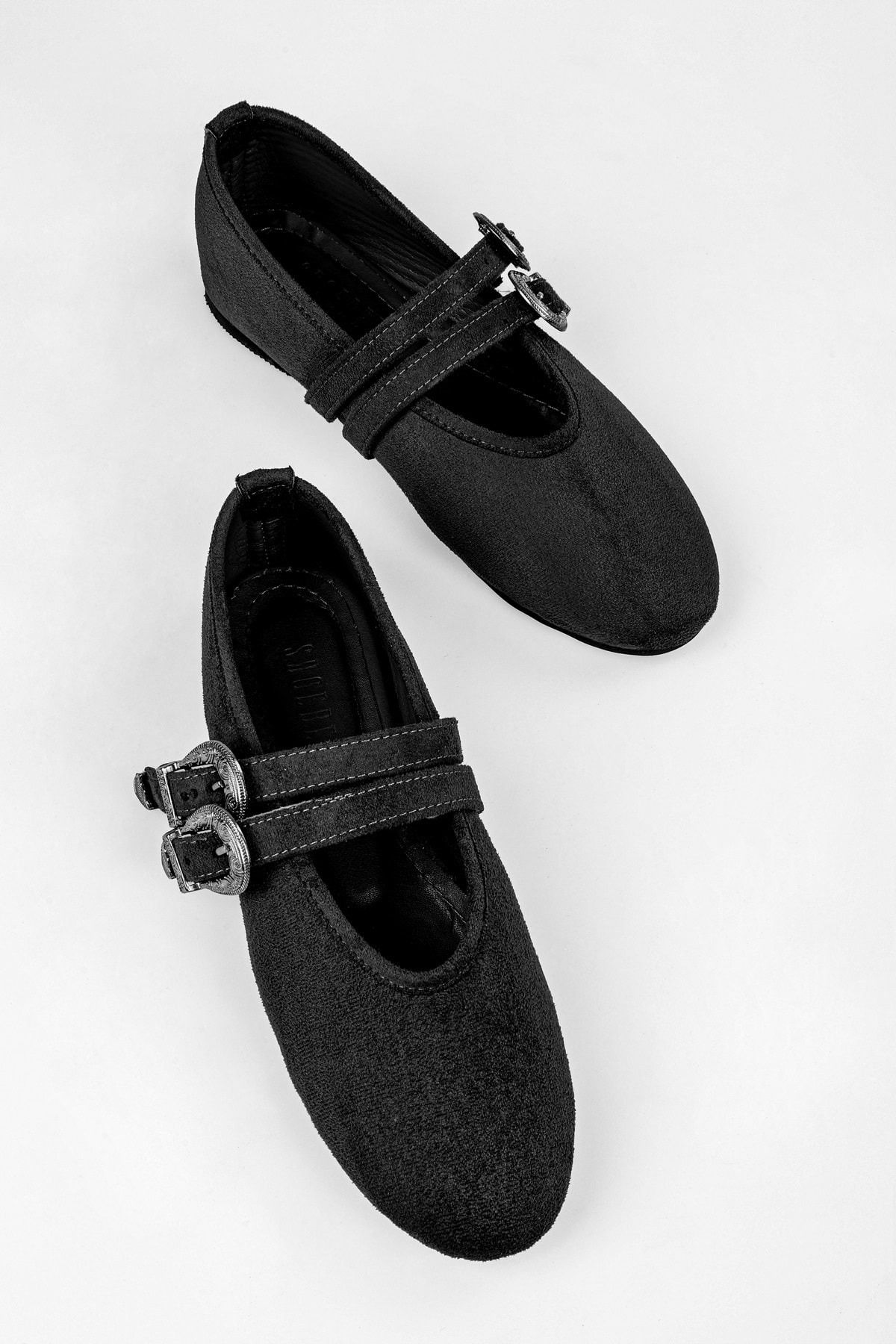 Shoeberry Damskie Baleriny Rodeo Ze Zamszu W Kolorze Czarnym Z Ozdobnymi Klamrami Kobieta - 39
