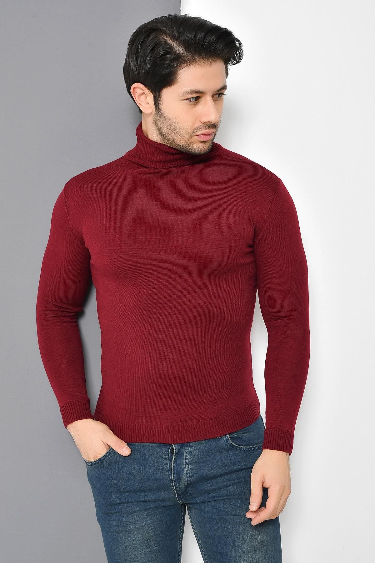 TENA MODA-Men's Burgundy Full Turtleneck Basic Knitwear Sweater 1